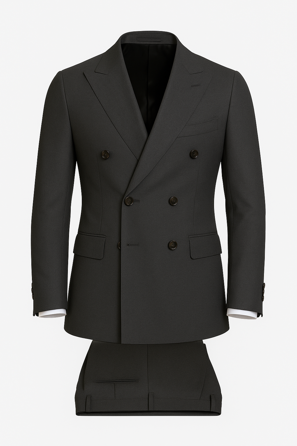 Zane Barlas charcoal grey double-breasted Super 120’s wool suit, peak lapels, 6×2 buttons
