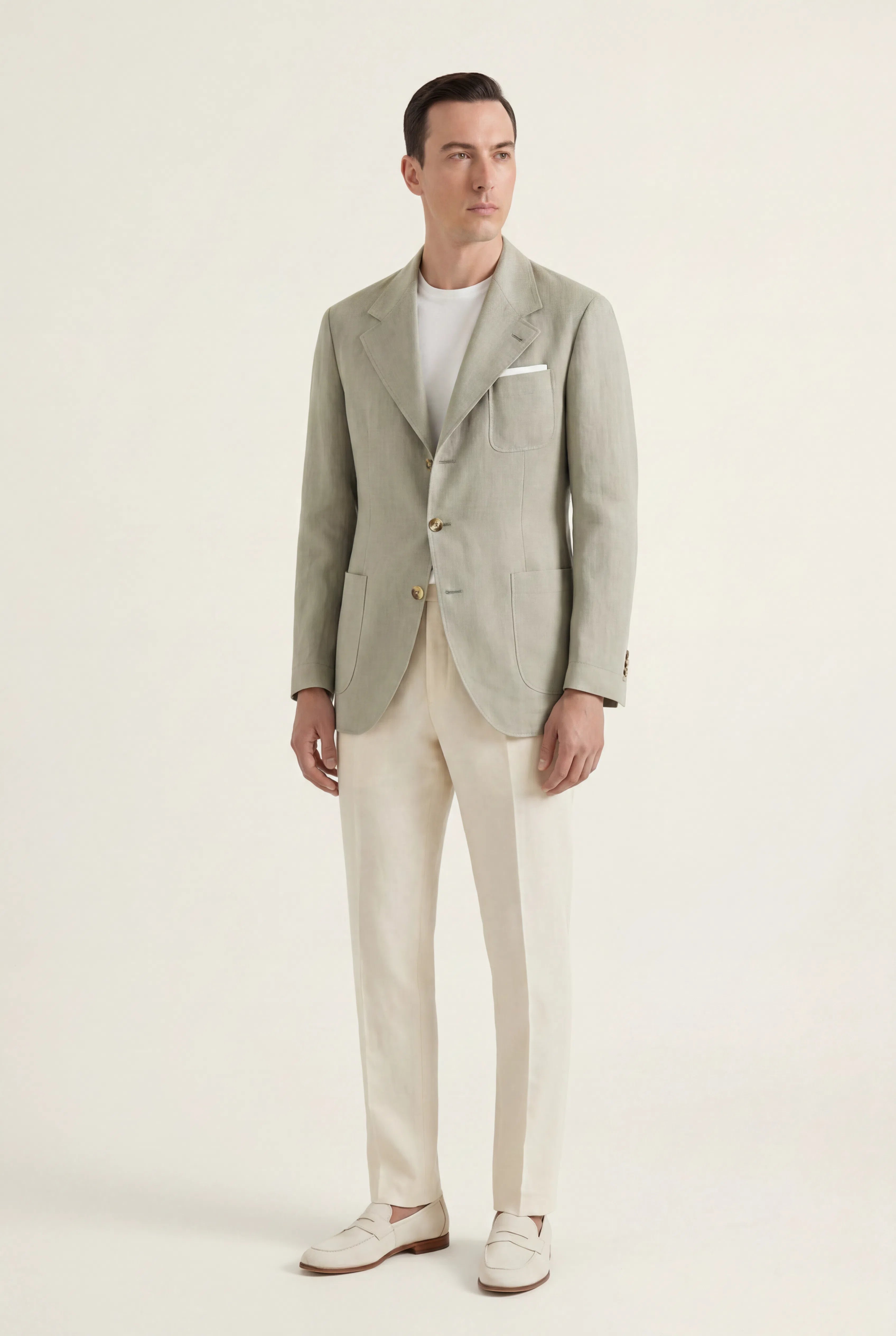 Zane Barläs Sage Linen Herringbone Jacket. Side view tailored fit on model