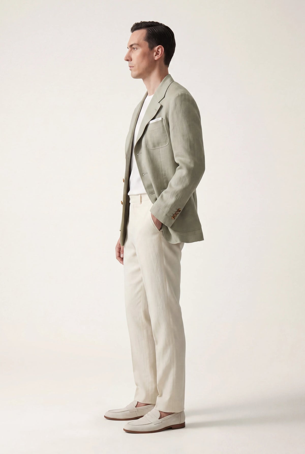 Zane Barläs Sage Linen Herringbone Jacket. Full body view single breasted linen jacket on model