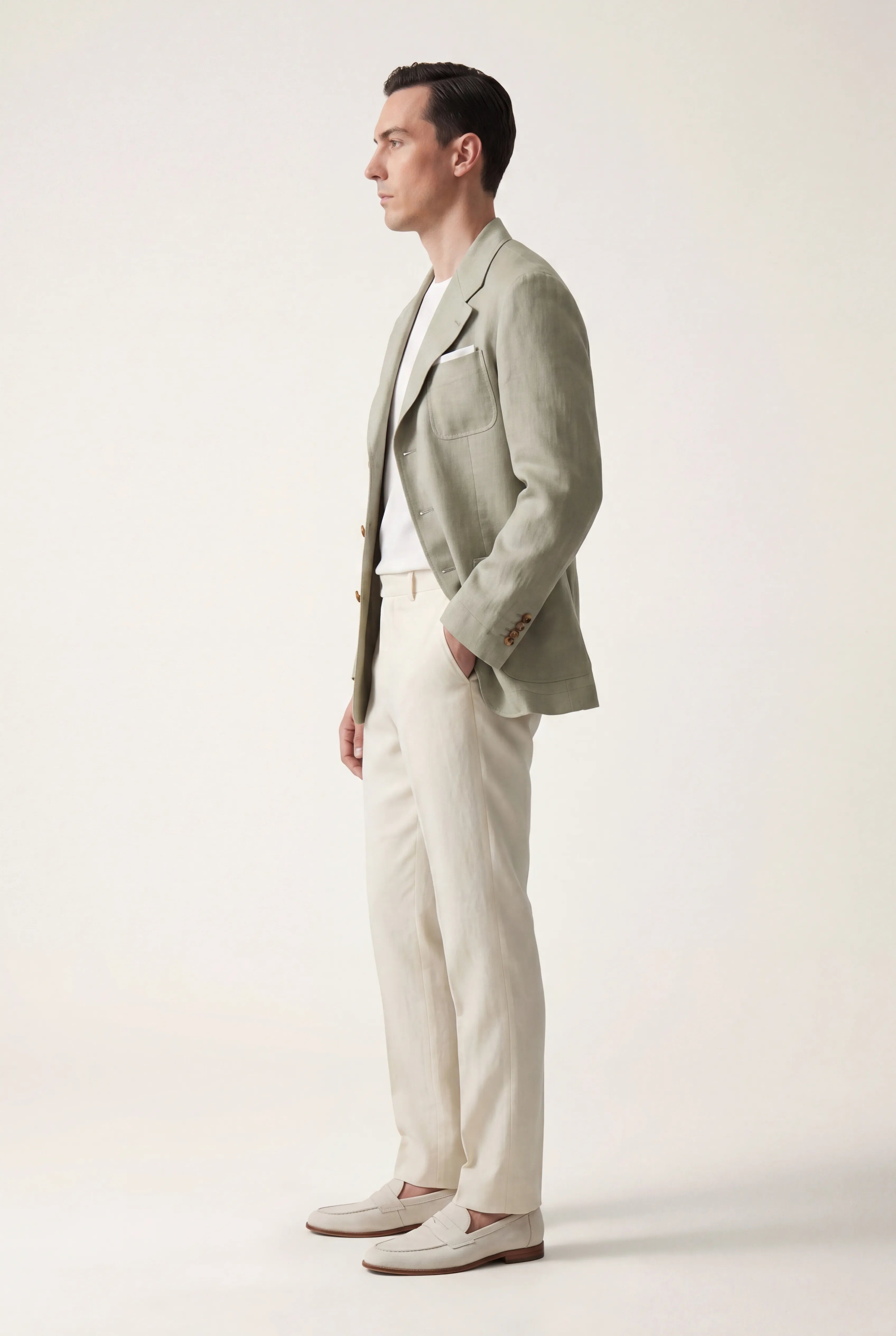 Zane Barläs Sage Linen Herringbone Jacket. Full body view single breasted linen jacket on model