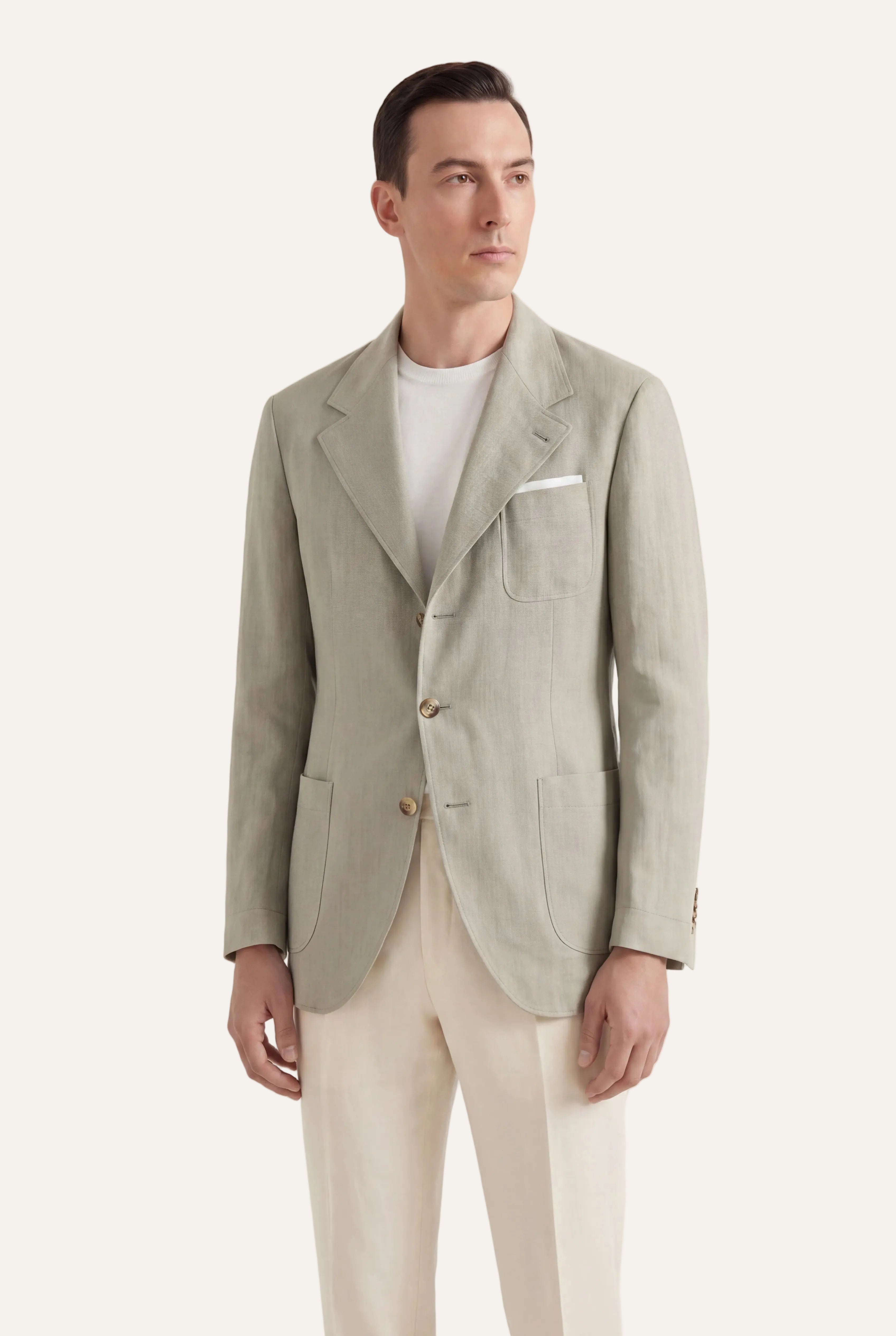 Zane Barläs Sage Linen Herringbone Jacket. Front view tailored Italian linen blazer for men