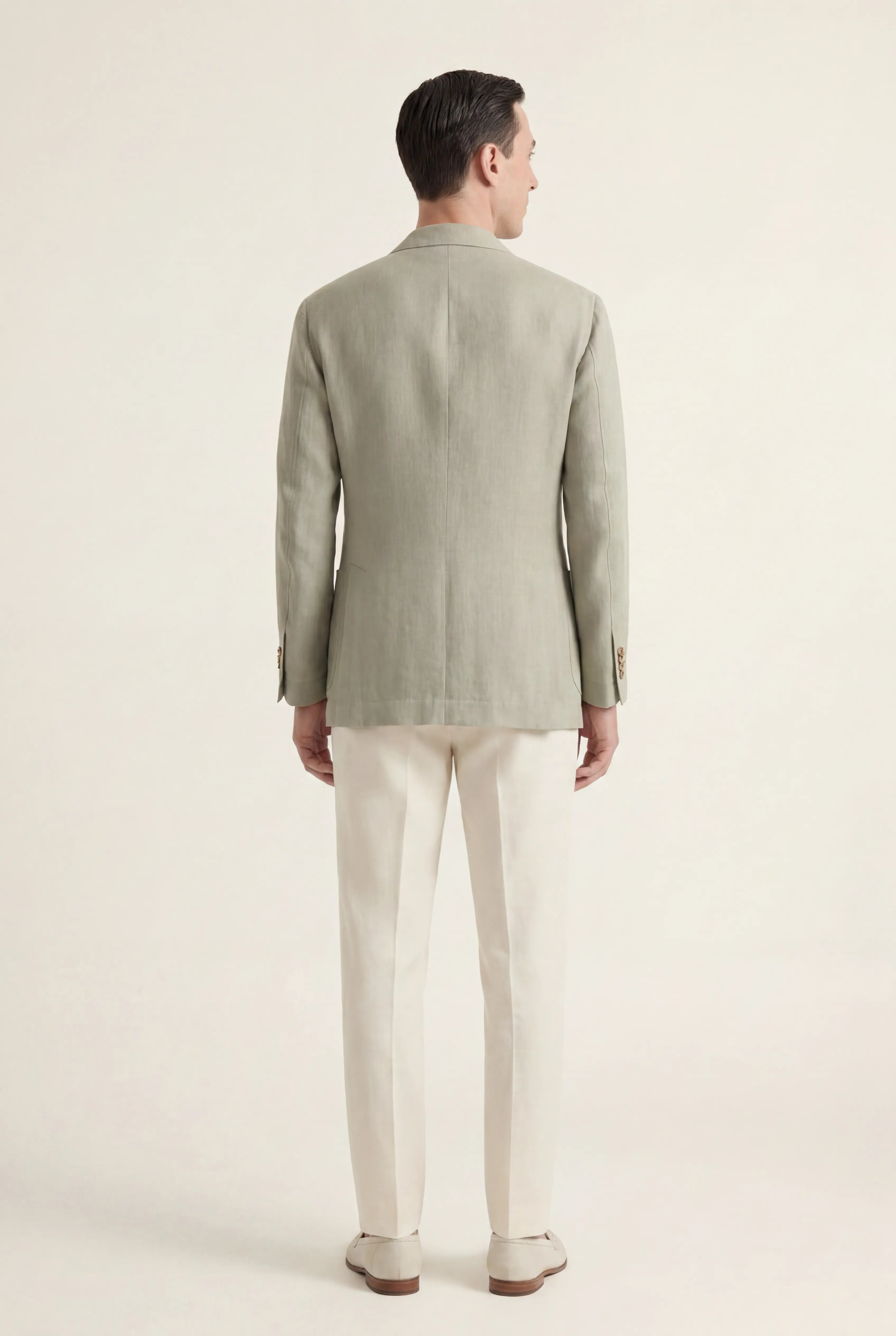 Zane Barläs Sage Linen Herringbone Jacket. Three-quarter view herringbone weave detail