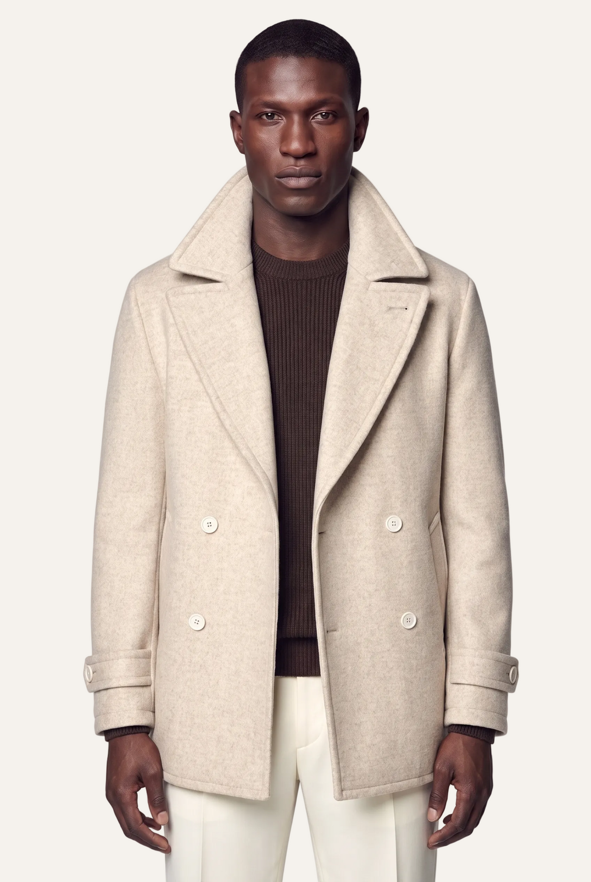 Harbour Oat Peacoat, standing view with popped collar