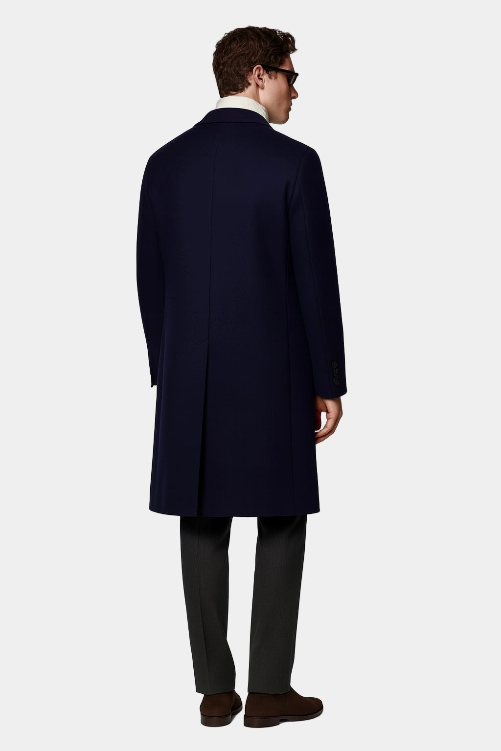 Zane Barläs Navy Blue Cashmere Overcoat, back view on model
