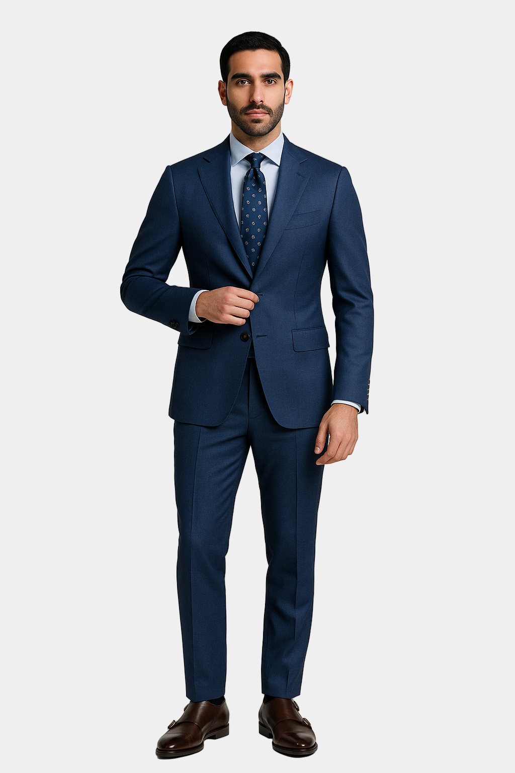 Zane Barläs Blue Monaco Suit, lapel and button detail close-up