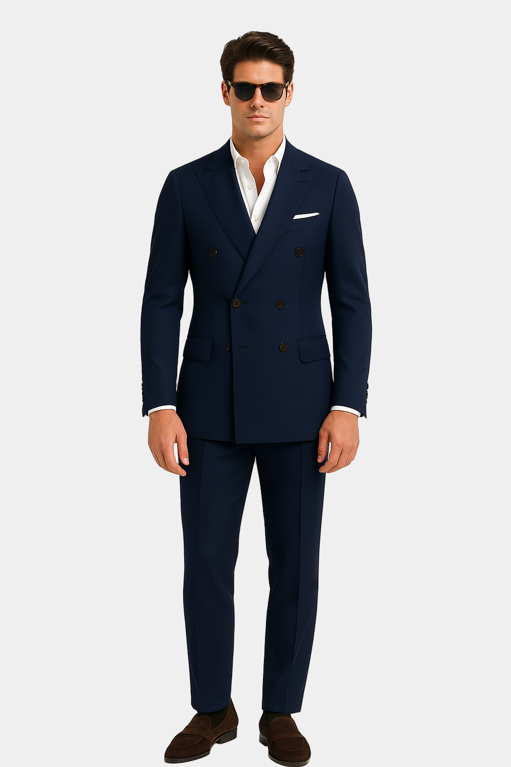 Zane Barläs Navy Double Breasted Suit, lapel and button detail close-up