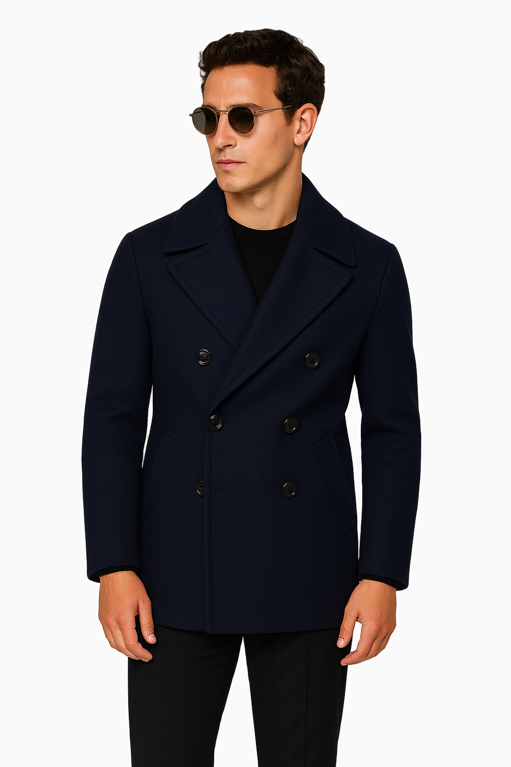 Zane Barläs Navy Wool Peacoat, front view on model