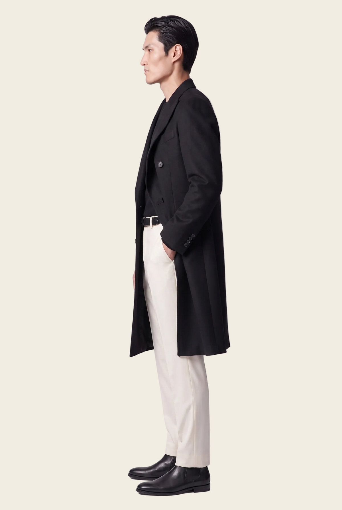 Manhattan Black Overcoat, side profile view