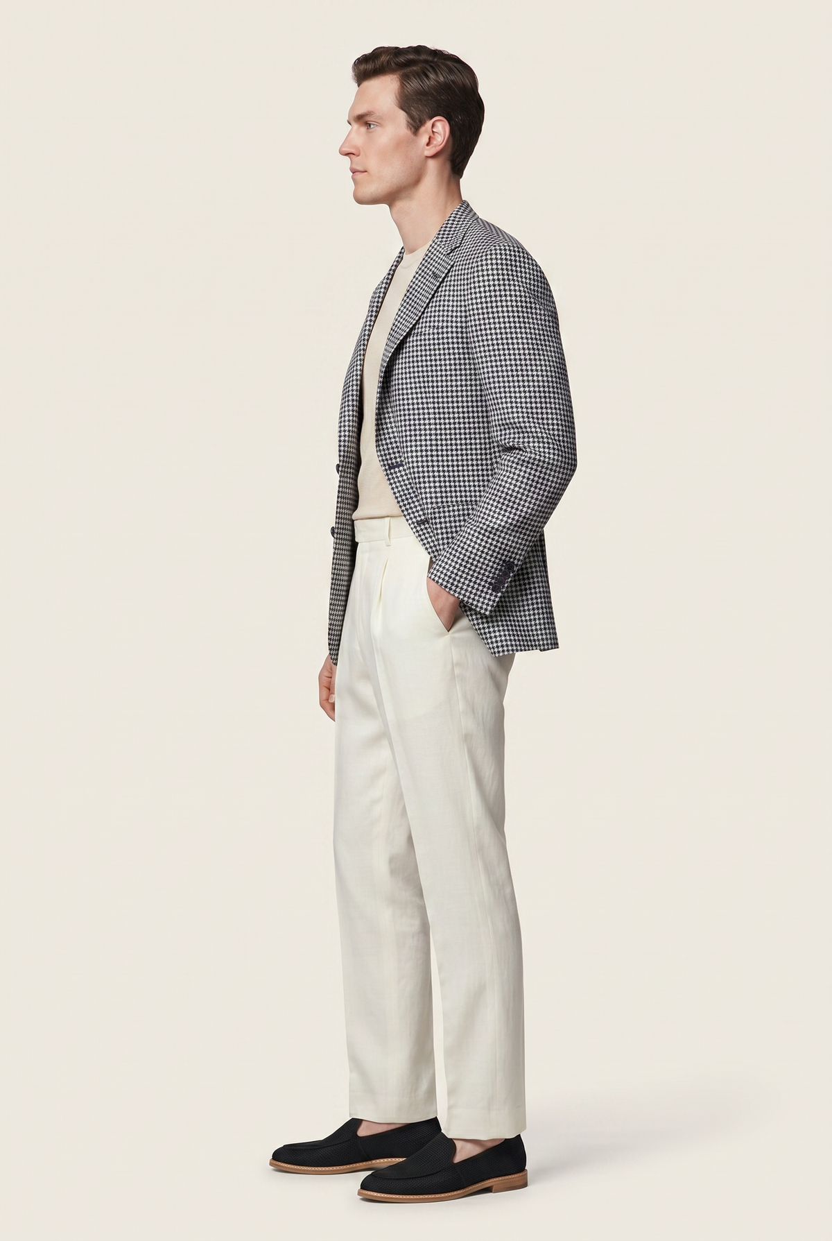 Zane Barläs Navy Houndstooth Wool Linen Jacket. Side profile view tailored fit