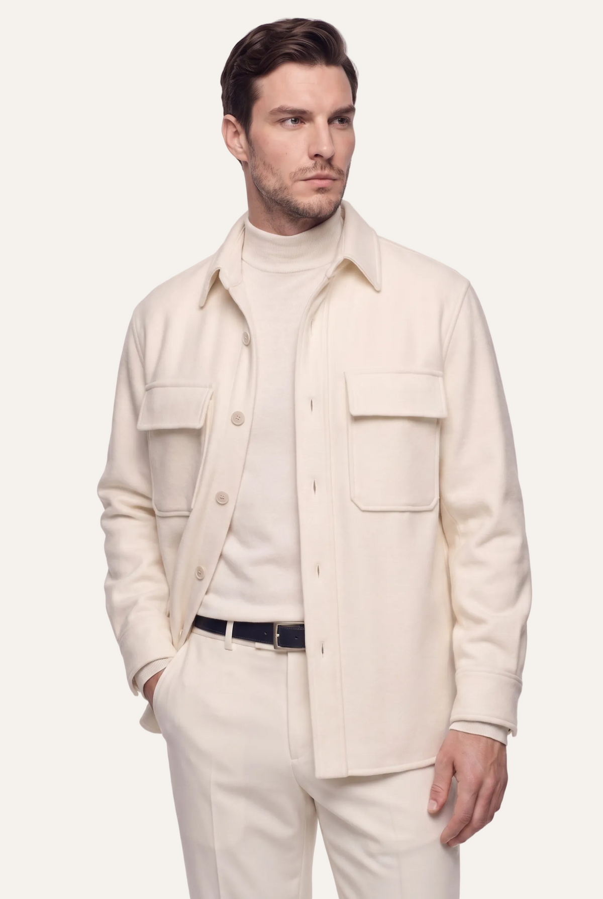 Off-White Shirt Jacket, three quarter view with hand in pocket