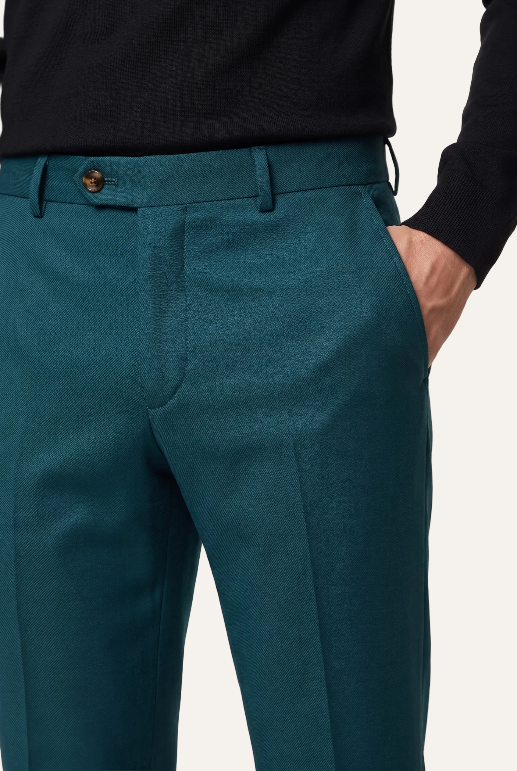 Oxford Turquoise Suit, trouser waistband and closure detail