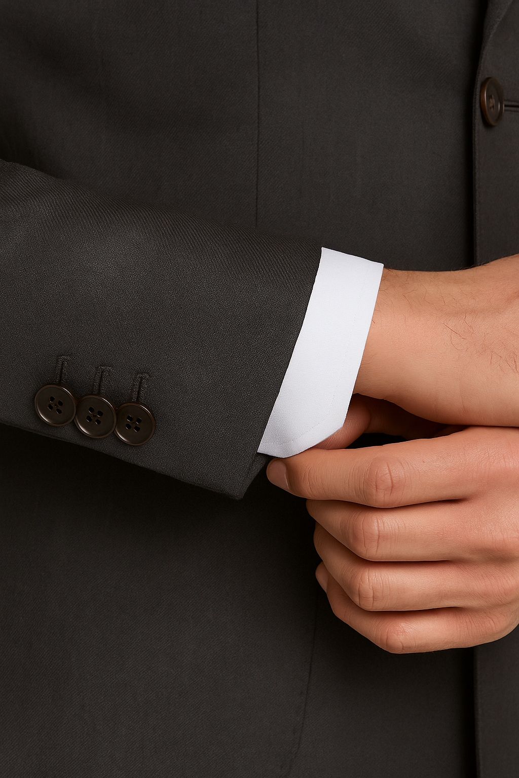 Zane Barlas charcoal grey double-breasted Super 120’s wool suit, peak lapels, 6×2 buttons