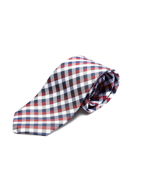 Zane Barläs Red and Grey Silk Tie — on white background