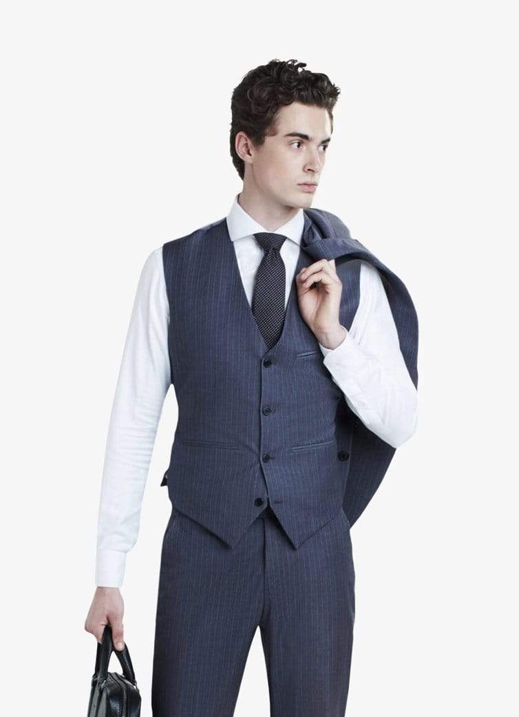 Zane Barläs Grey Pinstripe Waistcoat, front view on model