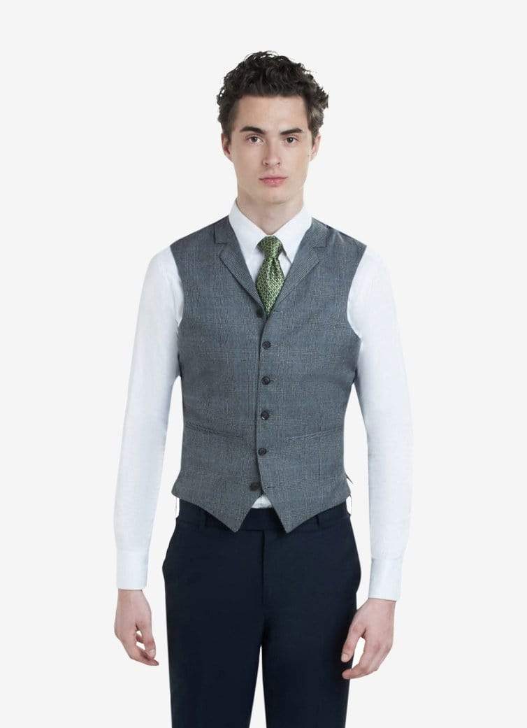 Zane Barläs Grey Waistcoat, front view on model, notch lapel