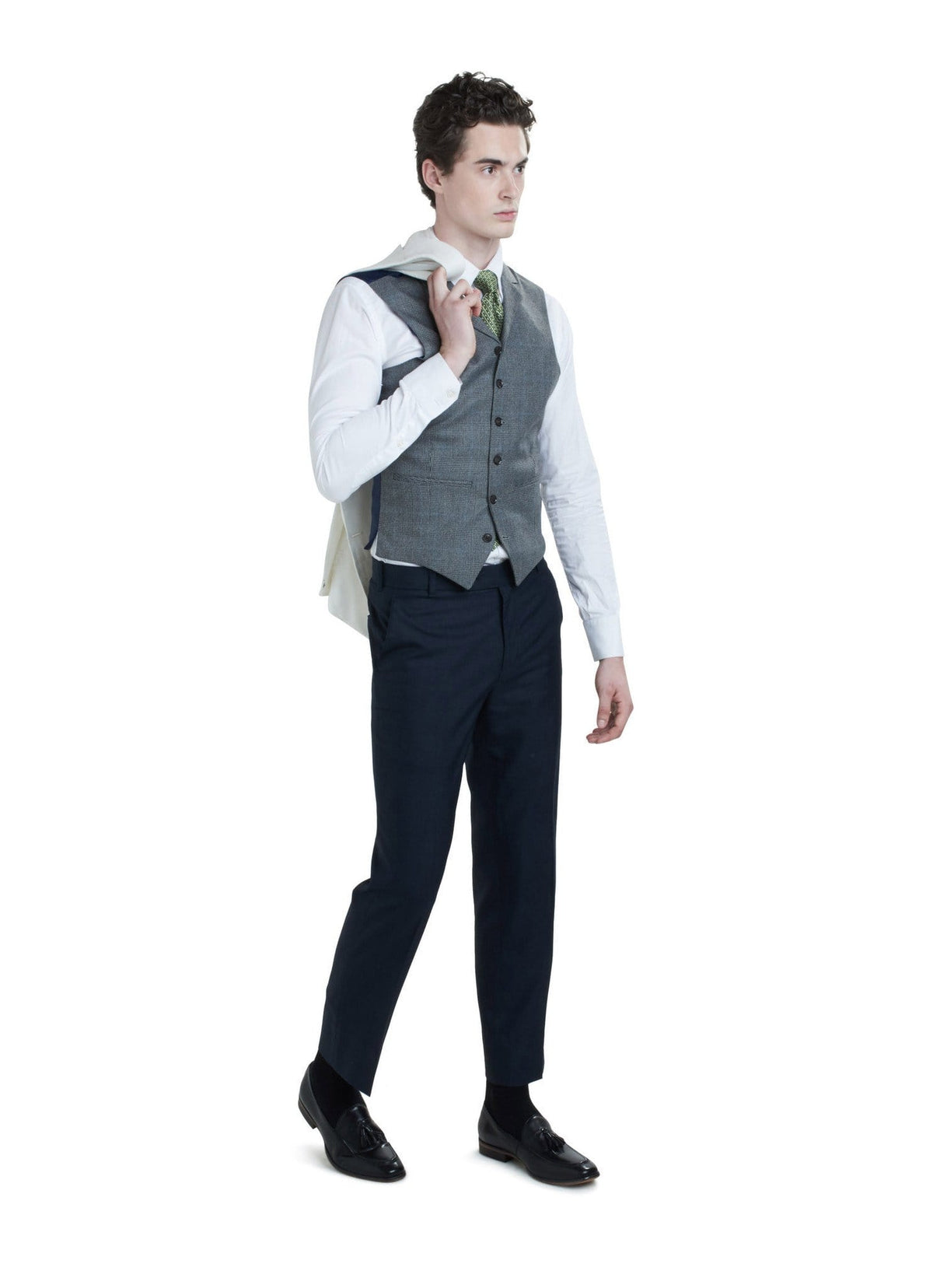 Zane Barläs Grey Waistcoat, styled on model with white shirt