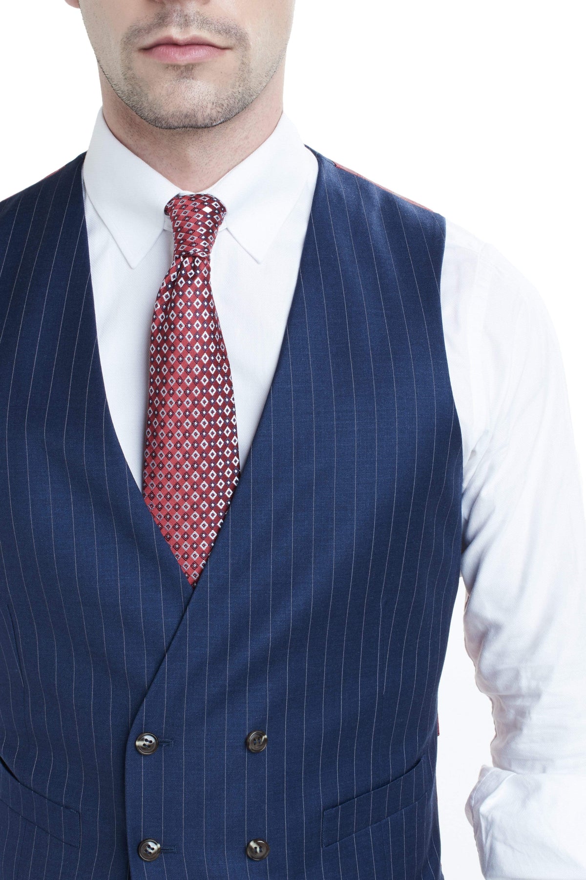 Zane Barläs Navy Pinstripe Waistcoat, back view on model