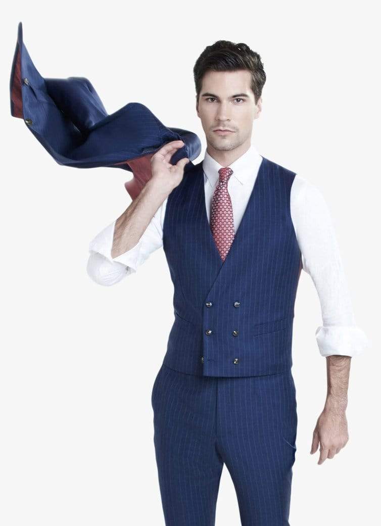 Zane Barläs Navy Pinstripe Waistcoat, front view on model