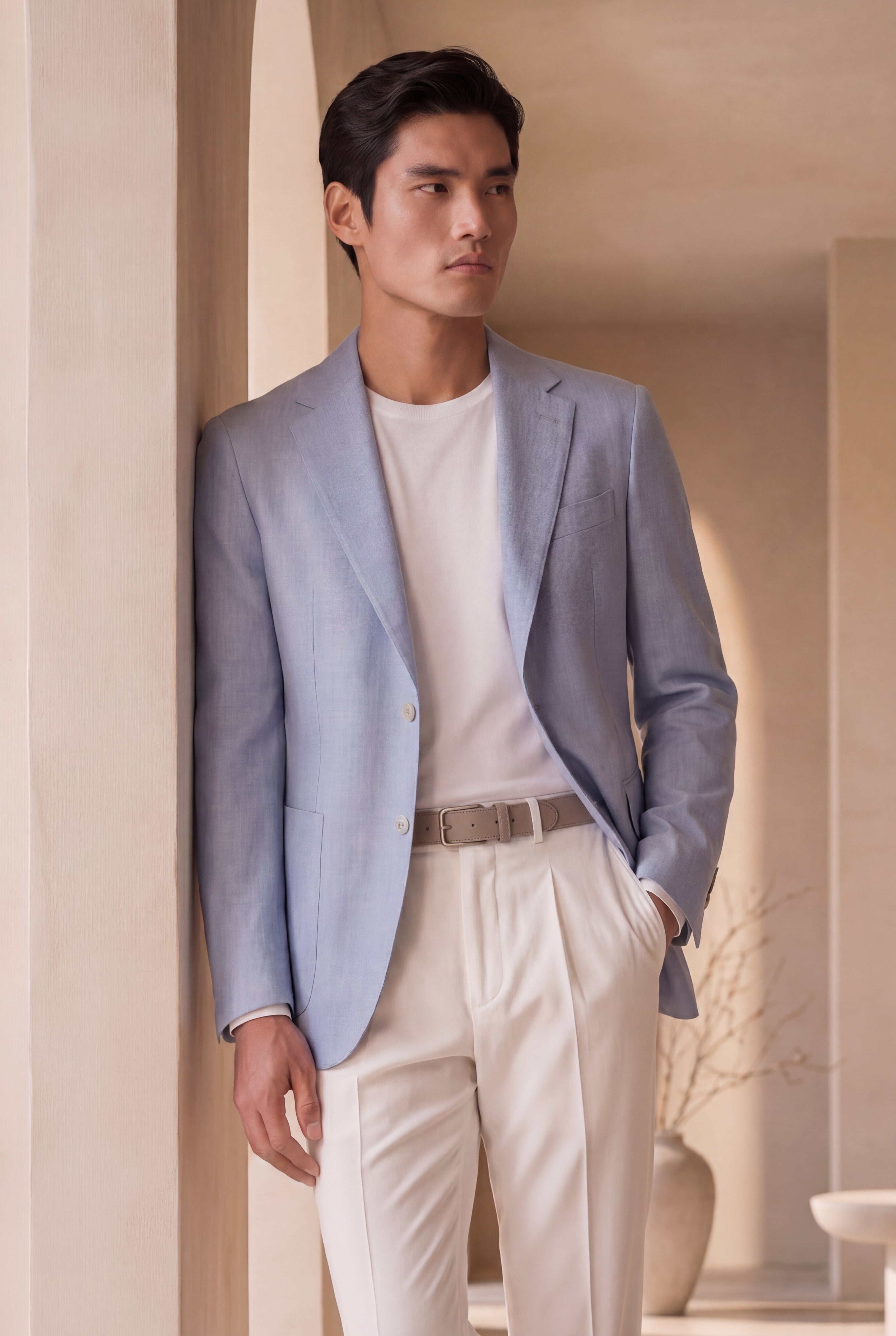 A man wearing the Zane Barläs Light Blue Jacket with cream trousers, leaving a sandstone archway in golden hour light.