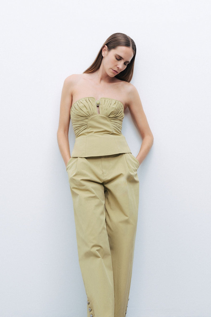 Almond-Accented Strapless Crop Top