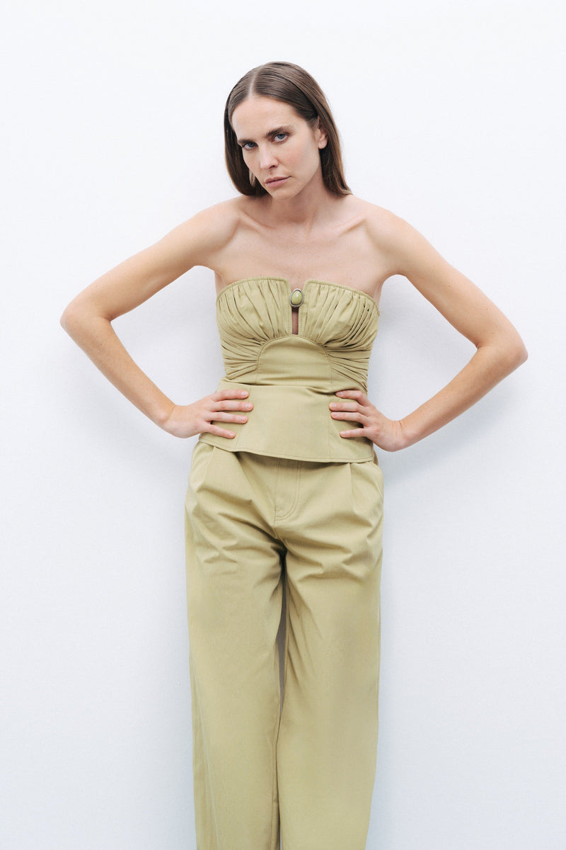 Almond-Accented Strapless Crop Top