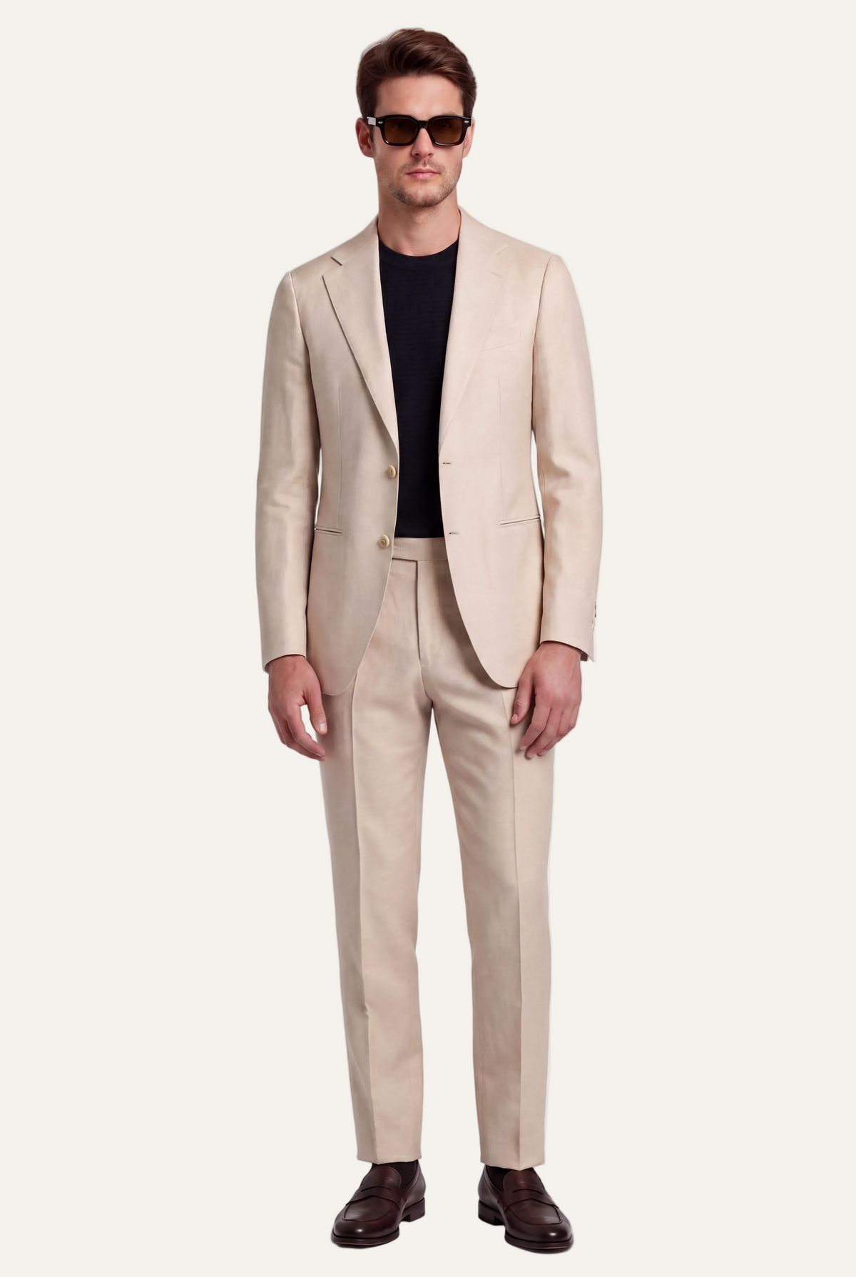 Zane Barläs Oxford Beige Suit — full suit front view on model