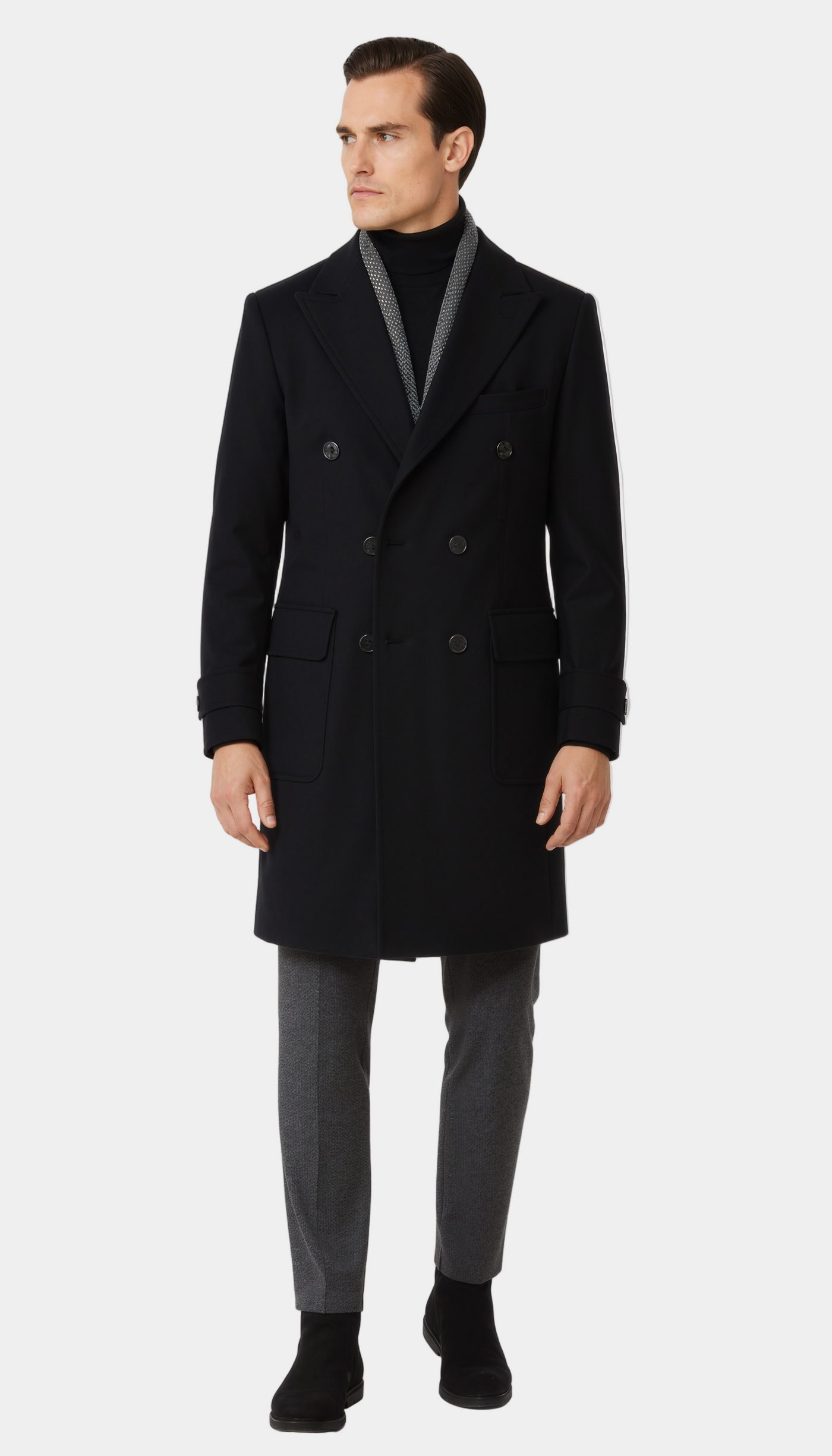 Zane Barläs Black Cashmere Overcoat — side view on model