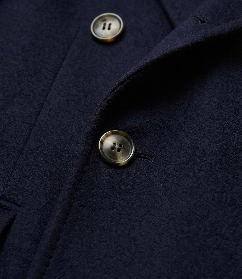 Zane Barläs Navy Cashmere Overcoat, deep flannel pockets detail