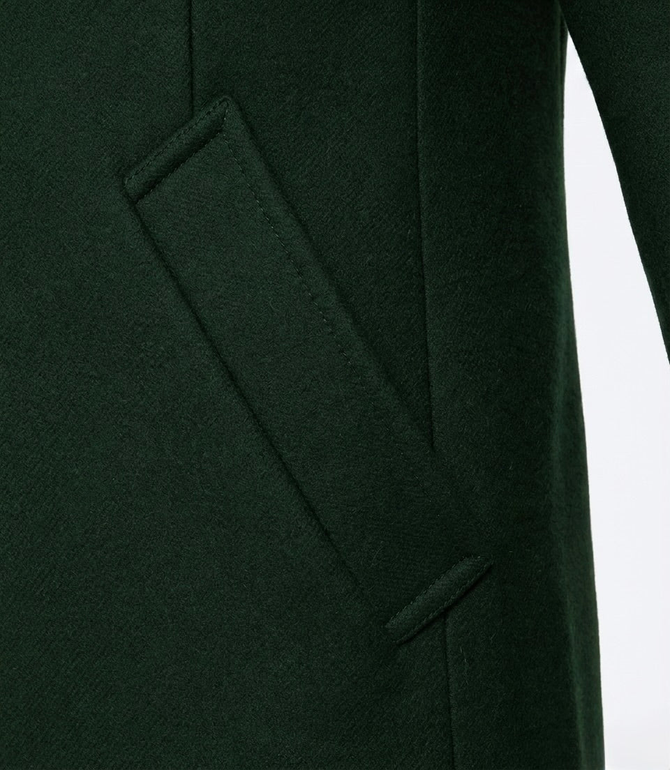 Zane Barläs Green Wool Overcoat, deep flannel pockets detail close-up