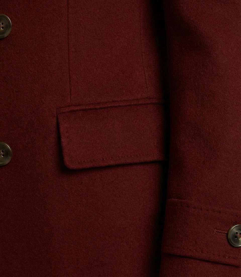Zane Barläs Red Cashmere Overcoat, deep flannel pockets detail close-up