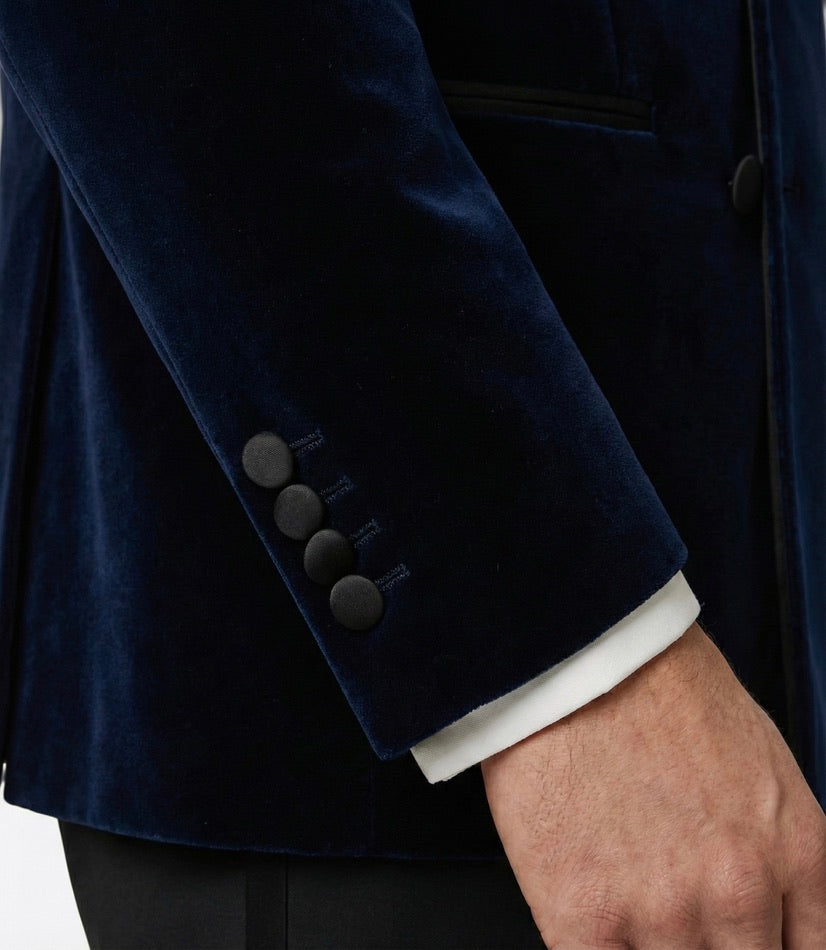Zane Barläs Navy Velvet Dinner Jacket, functional covered cuff buttons detail