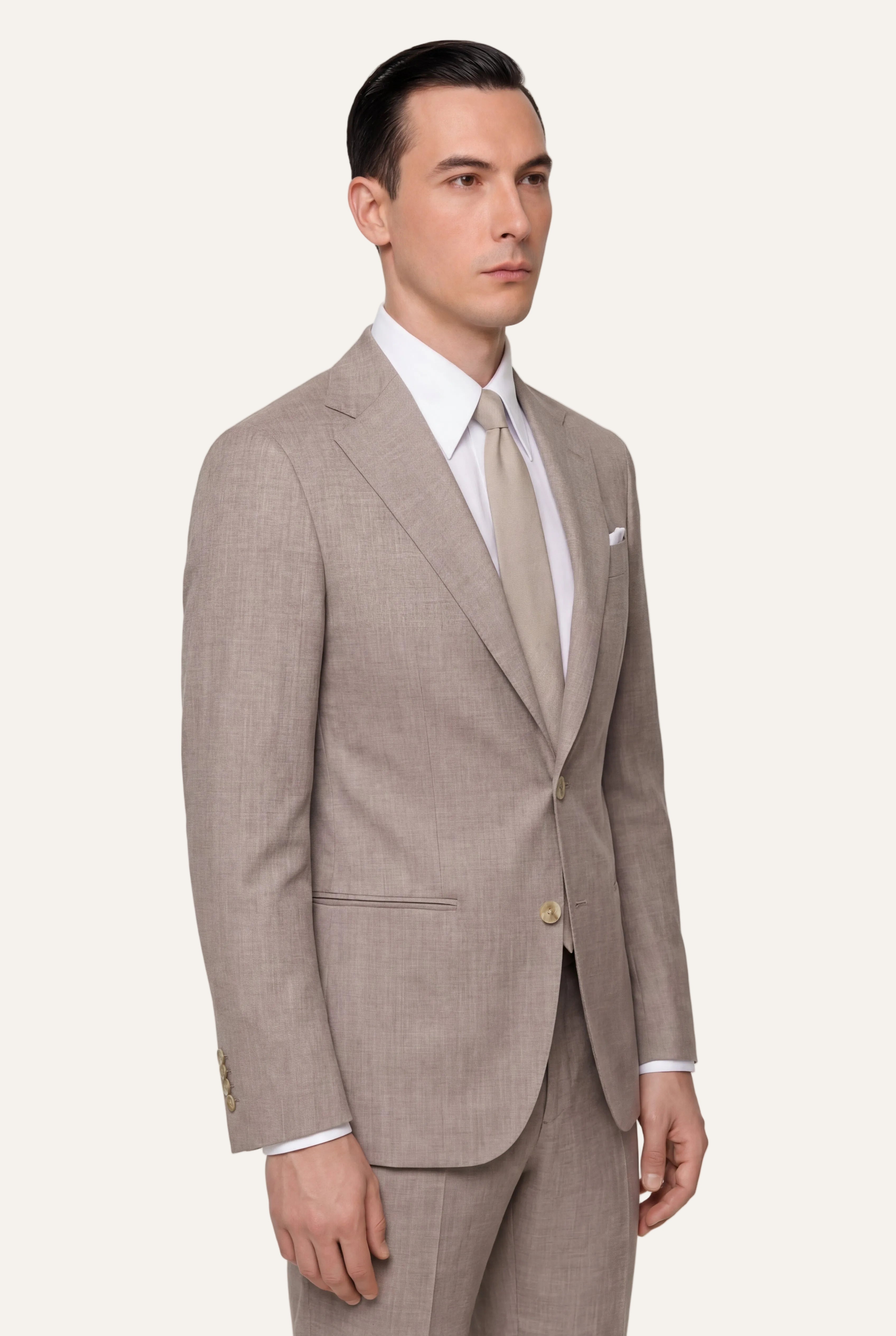 Zane Barläs Oxford Beige Suit, editorial lifestyle shot