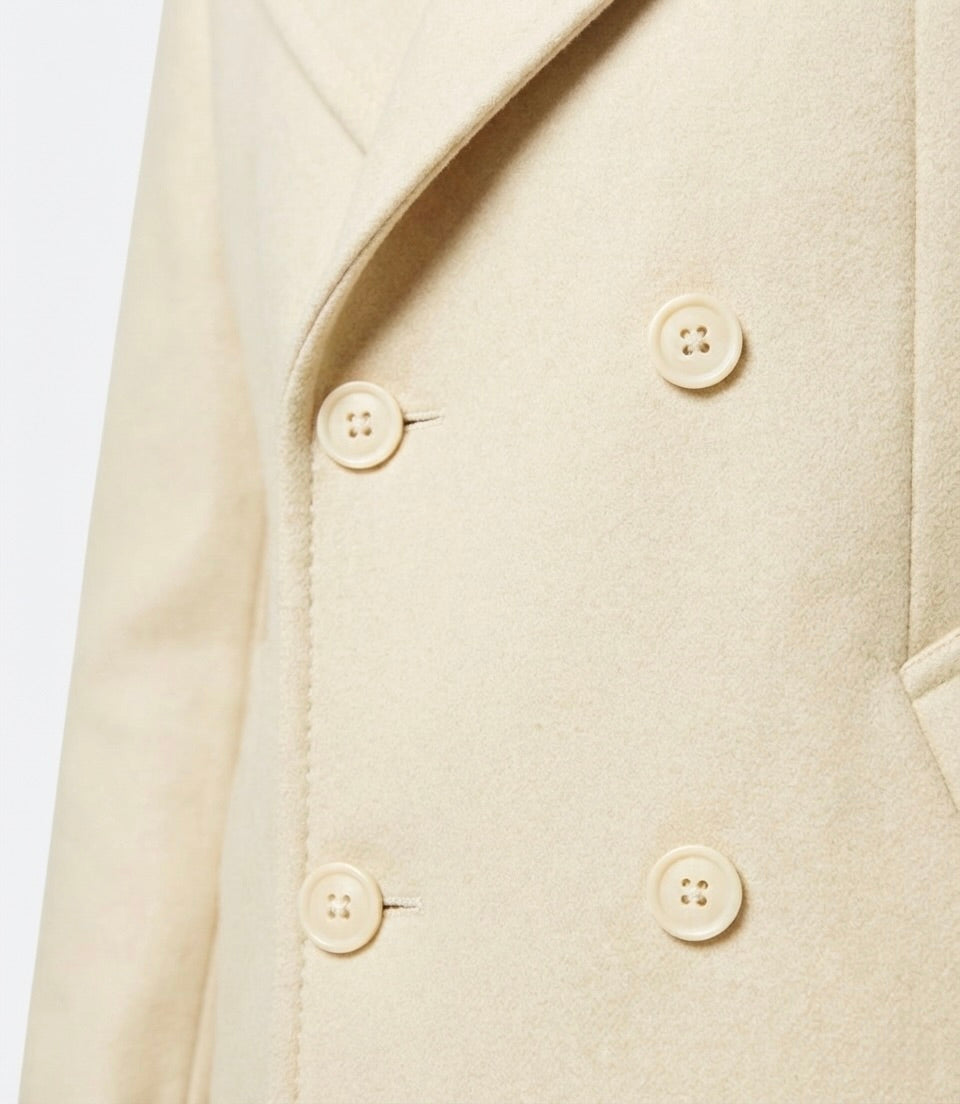Zane Barläs Cream Wool Peacoat, genuine horn buttons close-up