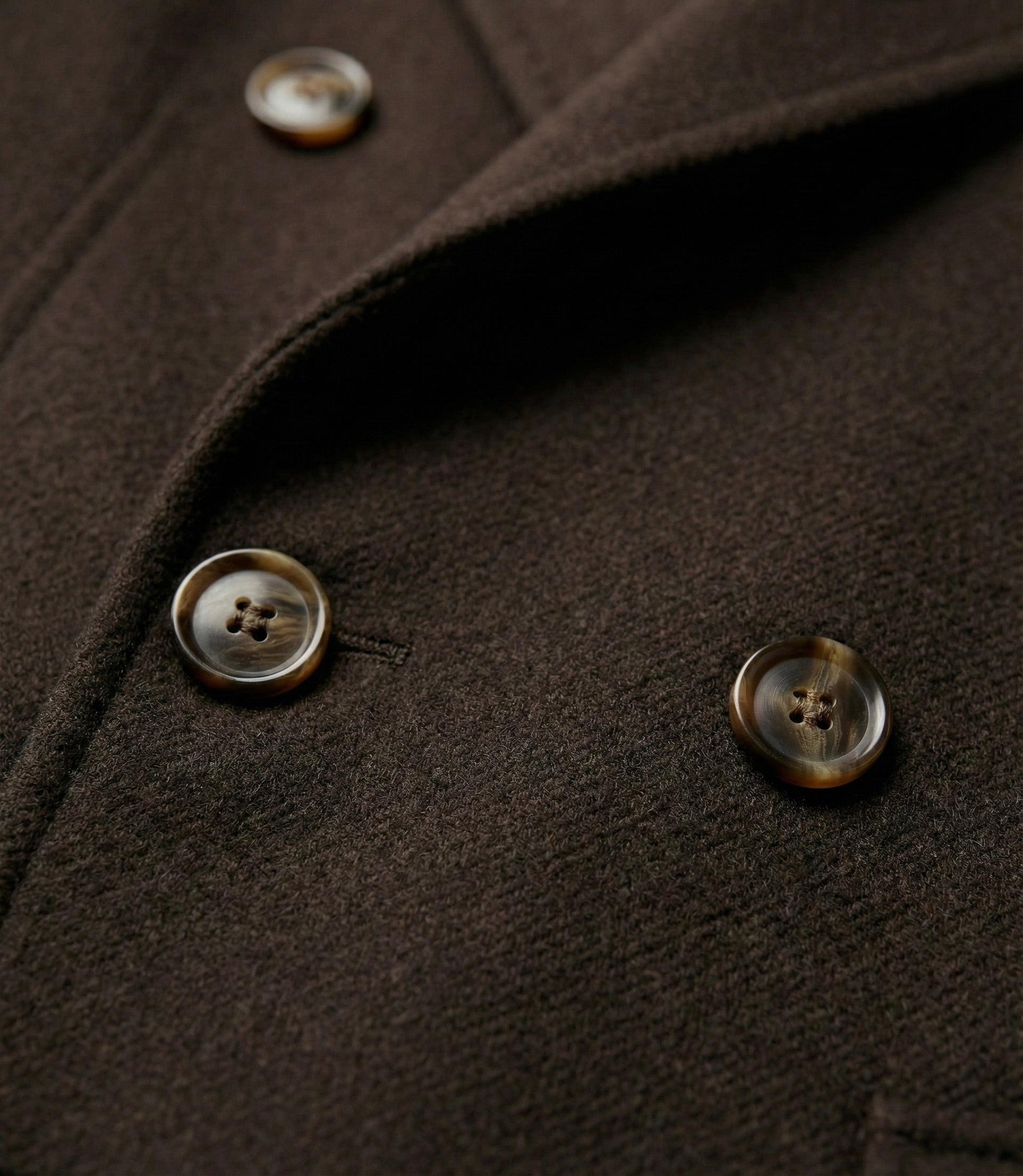 Zane Barläs Brown Wool Overcoat, genuine horn buttons close-up