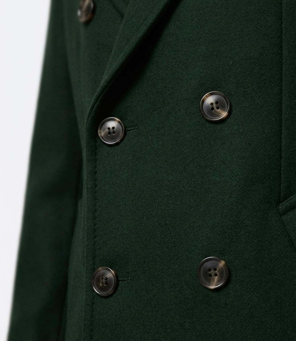Zane Barläs Green Wool Overcoat, genuine horn buttons close-up