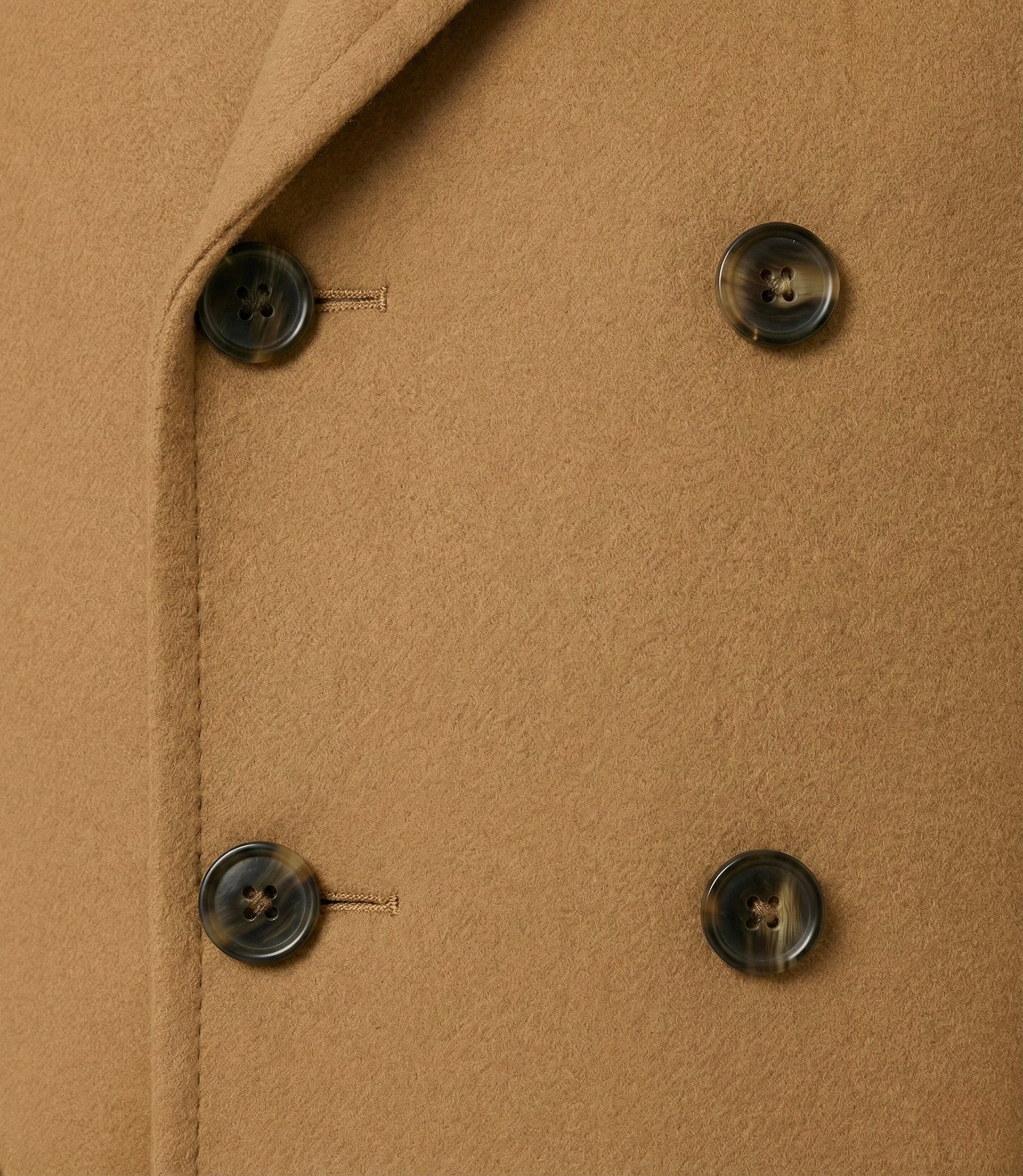 Zane Barläs Brown Cashmere Overcoat, genuine horn buttons close-up