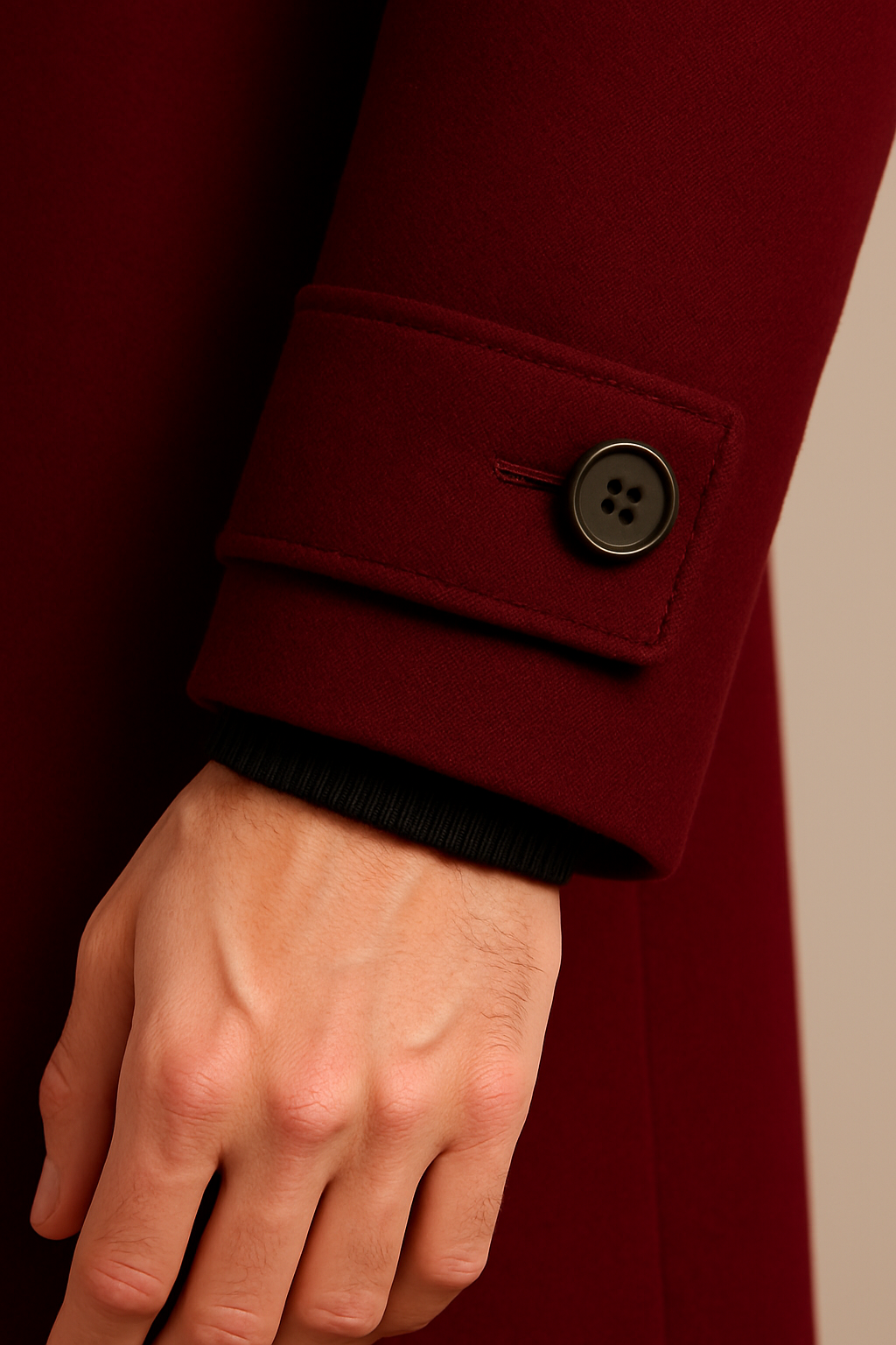 Zane Barläs Red Cashmere Overcoat — genuine horn buttons close-up