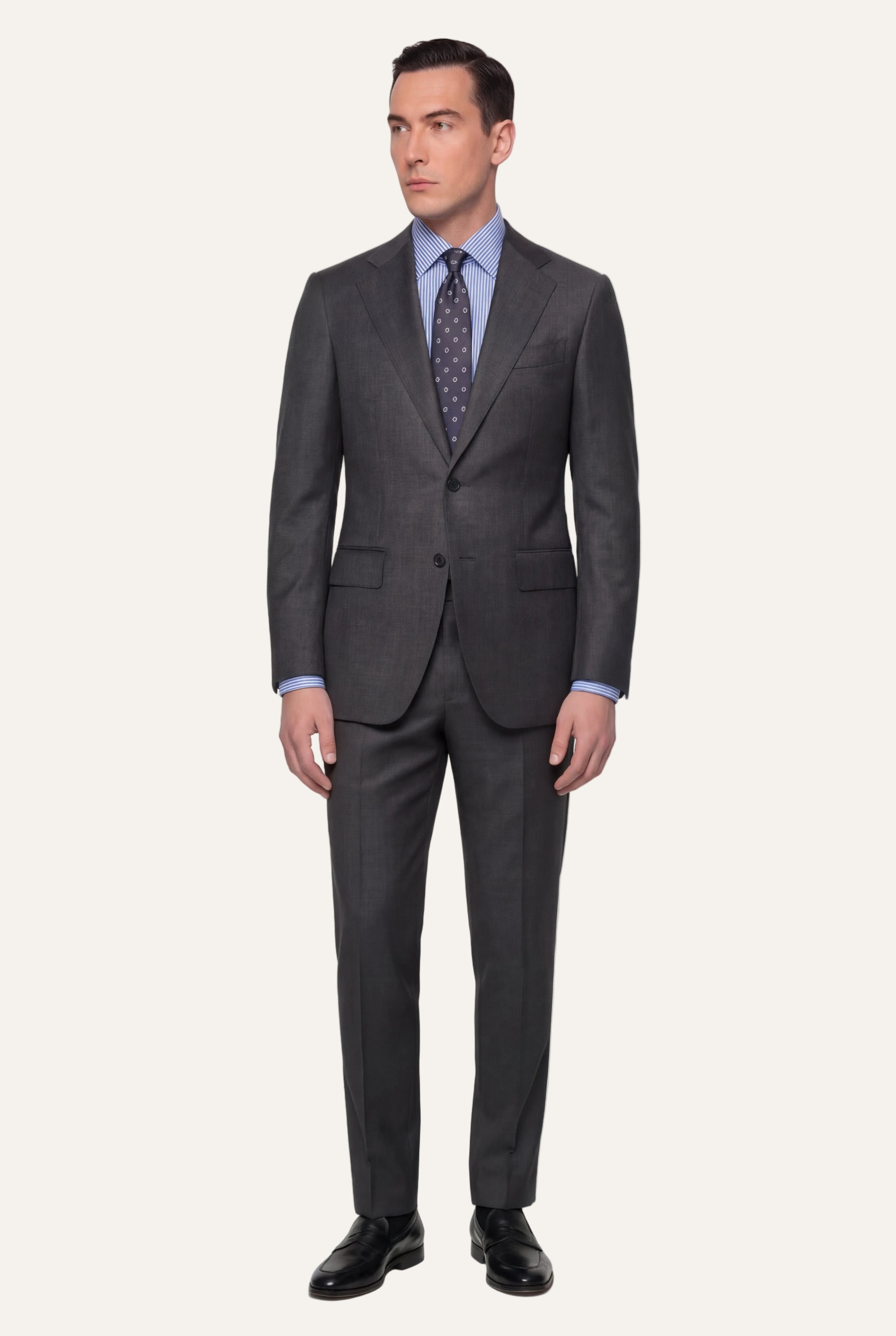 Zane Barläs Oxford Grey Suit — full length front view tailored fit on model