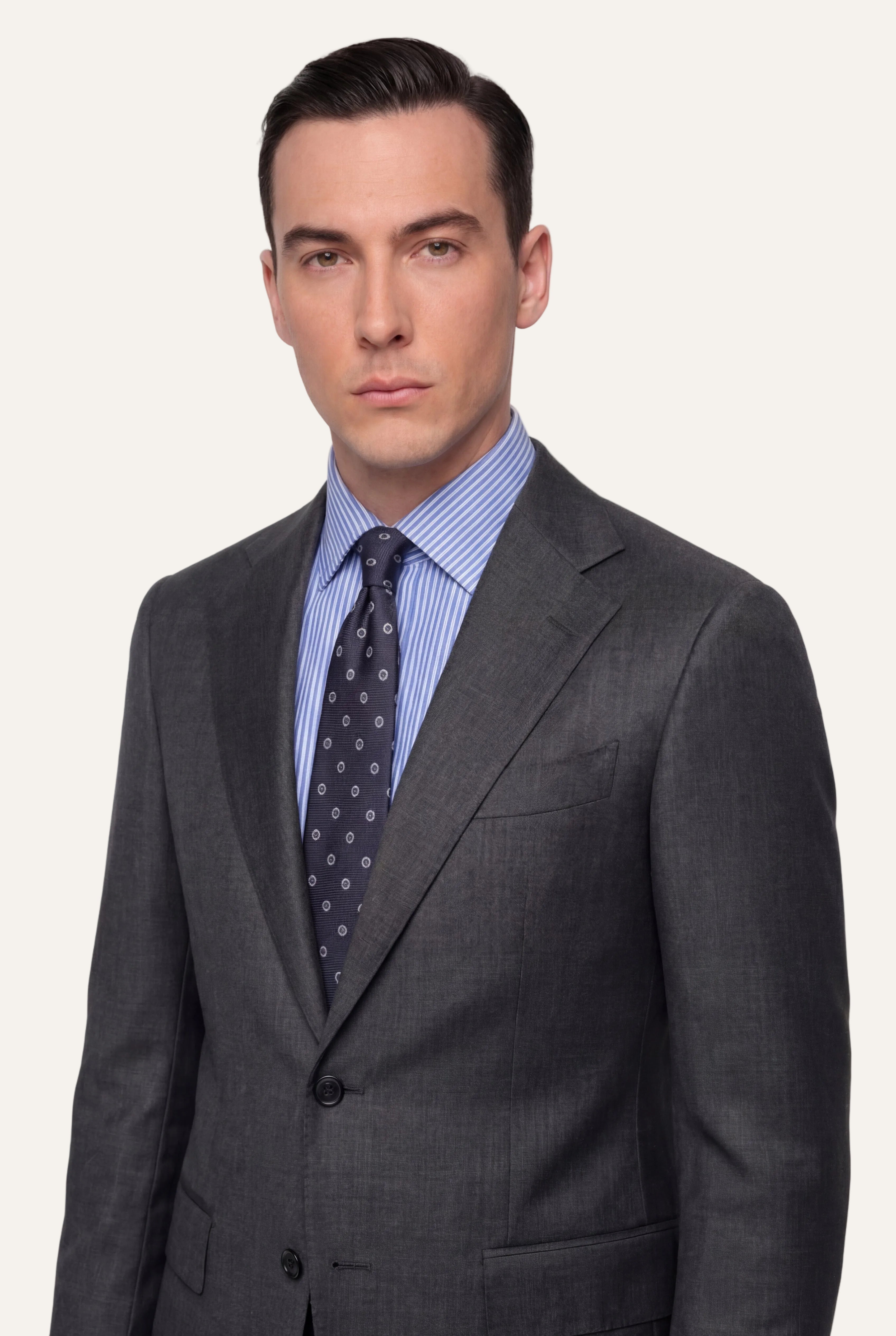 Zane Barläs Oxford Grey Suit — portrait editorial view on model