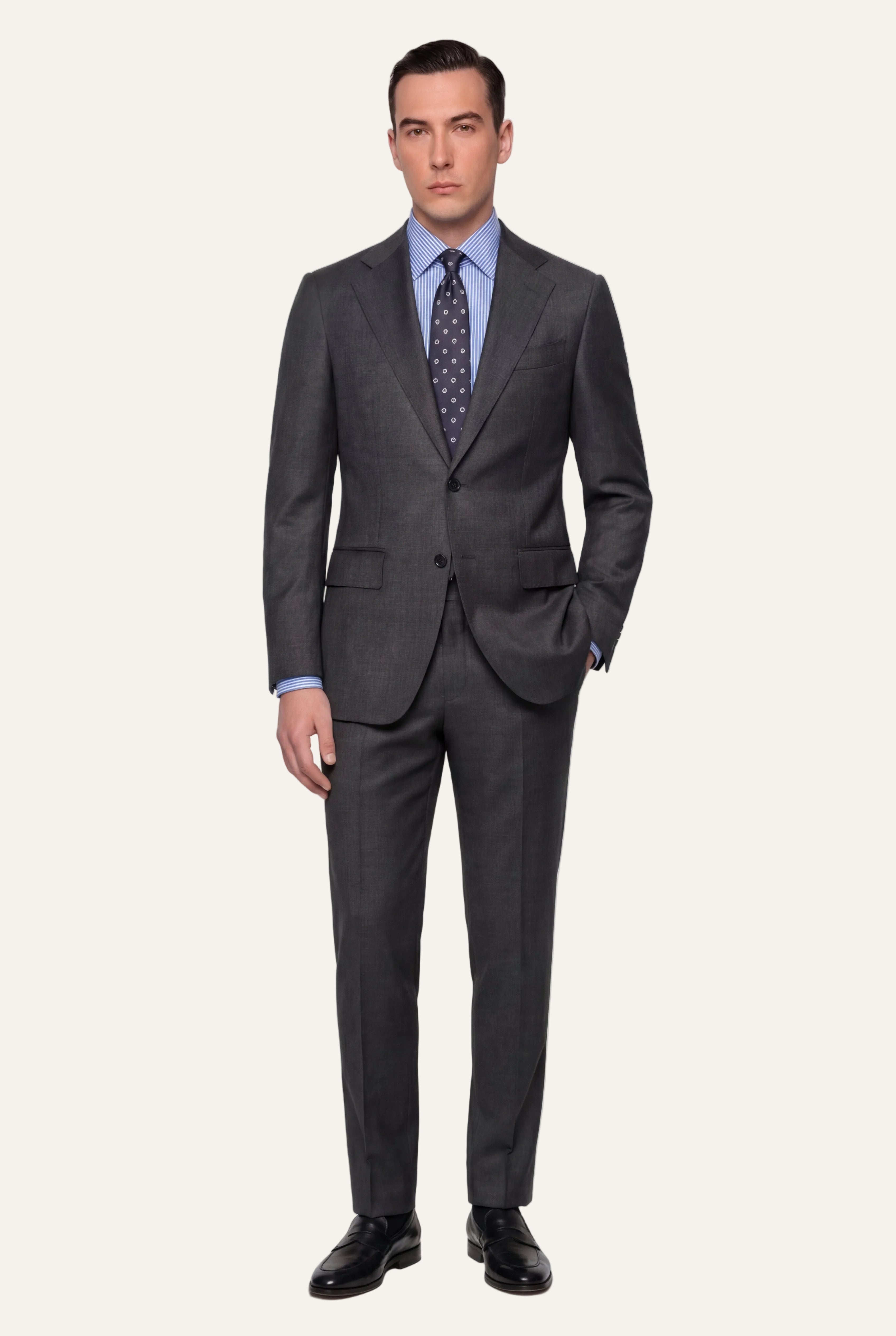 Zane Barläs Oxford Grey Suit — front view on model single breasted