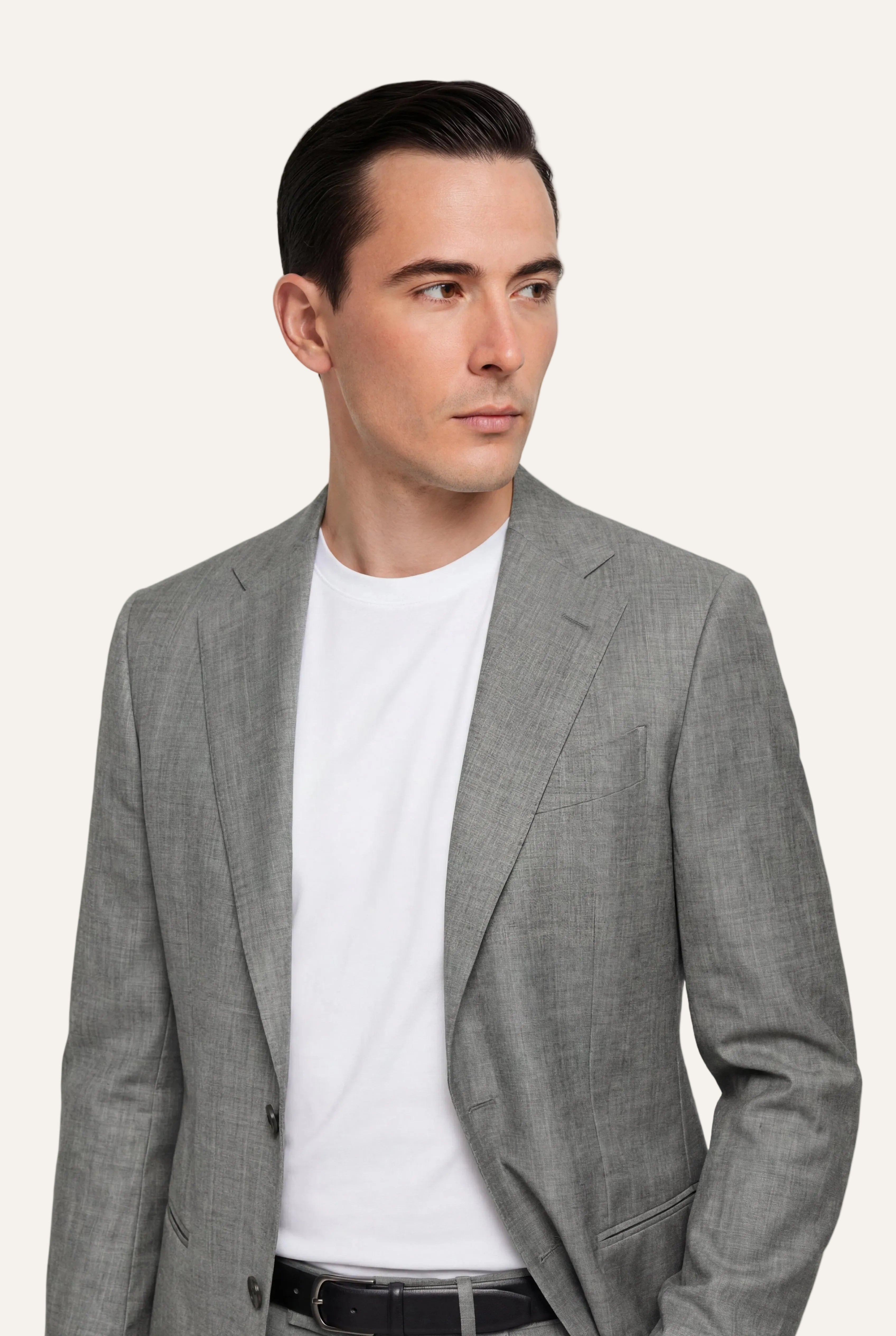 Zane Barläs Oxford Light Grey Suit, notch lapel detail close-up Italian wool