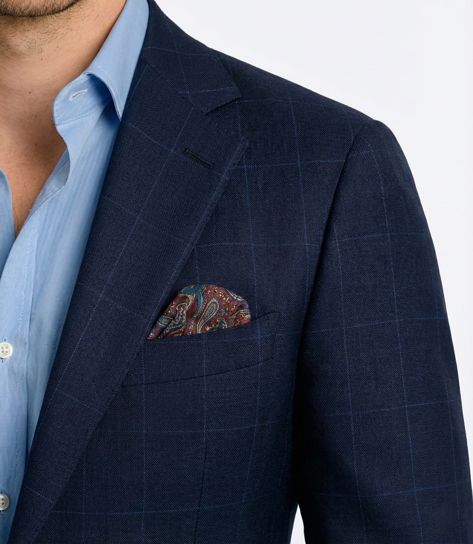 Zane Barläs high armhole construction, windowpane suit armhole detail