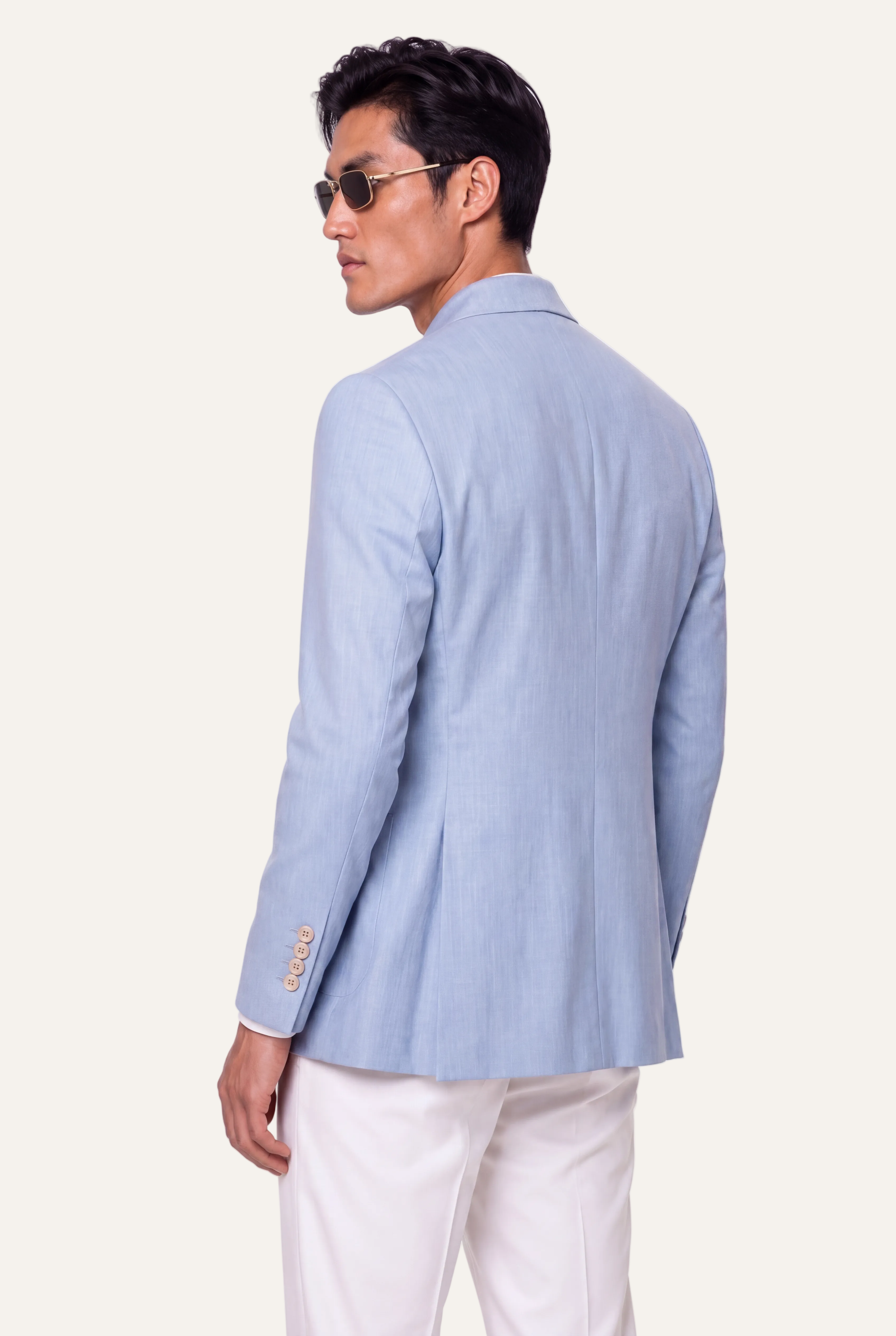 Zane Barläs Light Blue Jacket. Back view clean silhouette single vent
