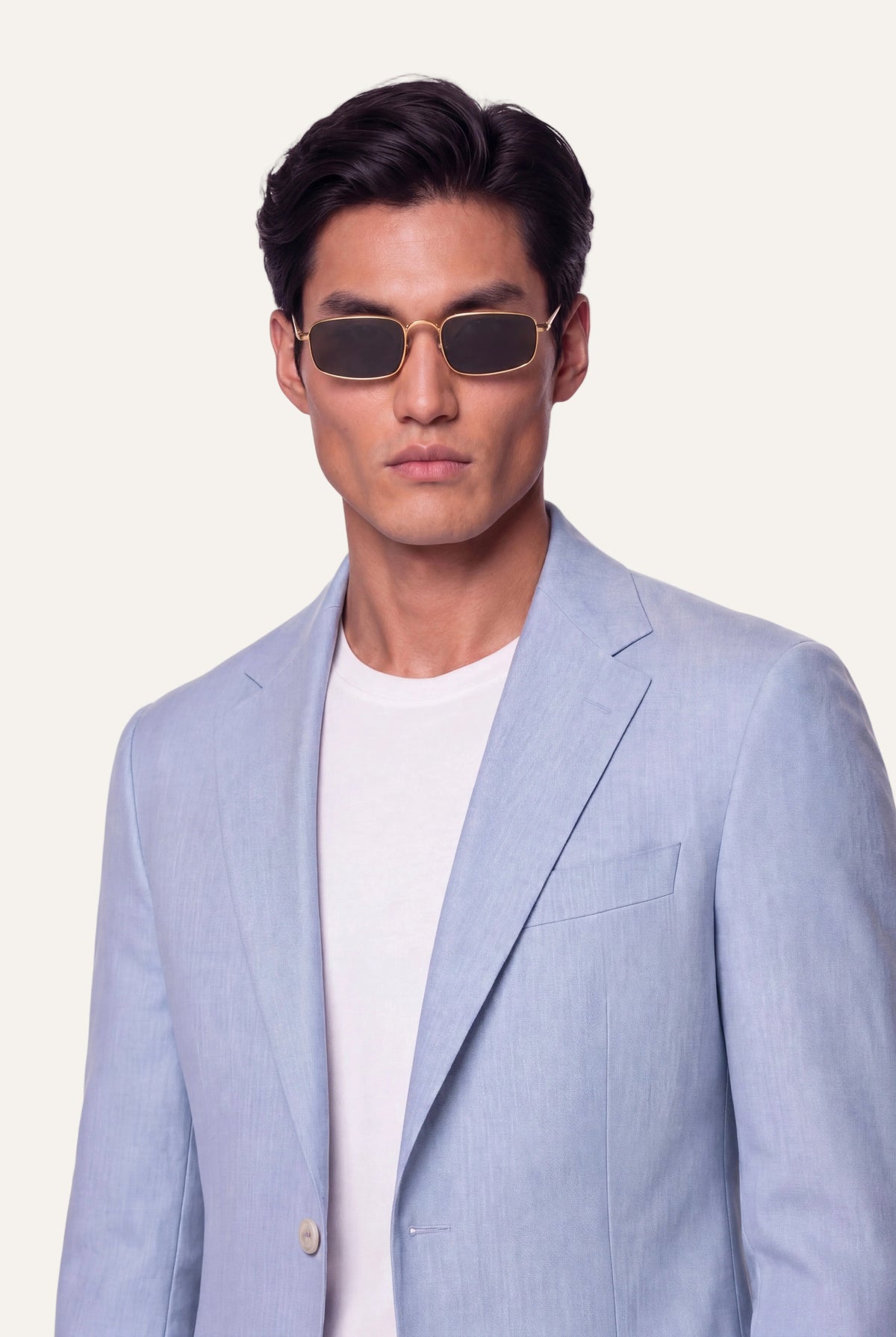 Zane Barläs Light Blue Jacket. Portrait editorial view on model