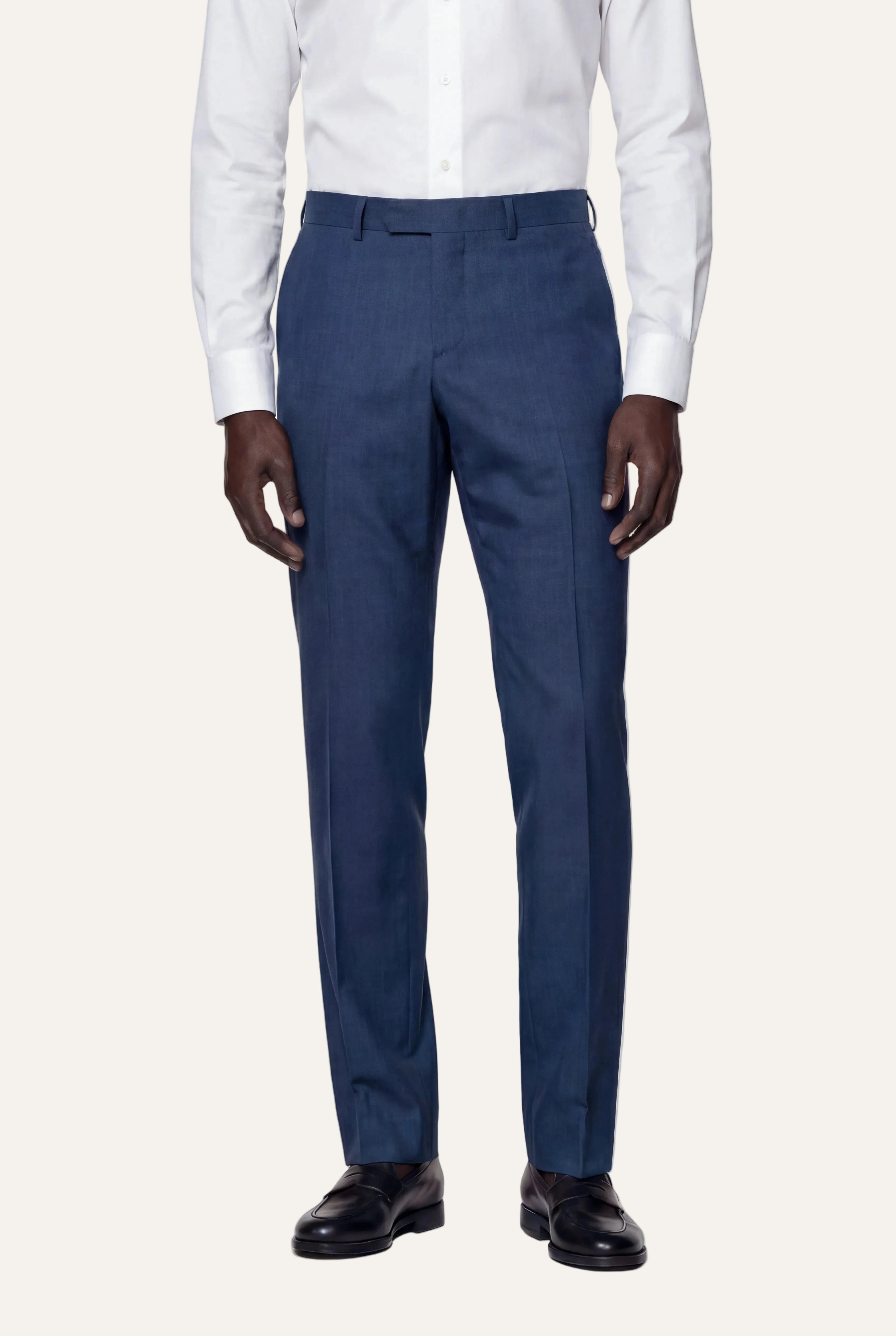 Zane Barläs Oxford Mid Blue Suit — flat front tapered leg trousers front view