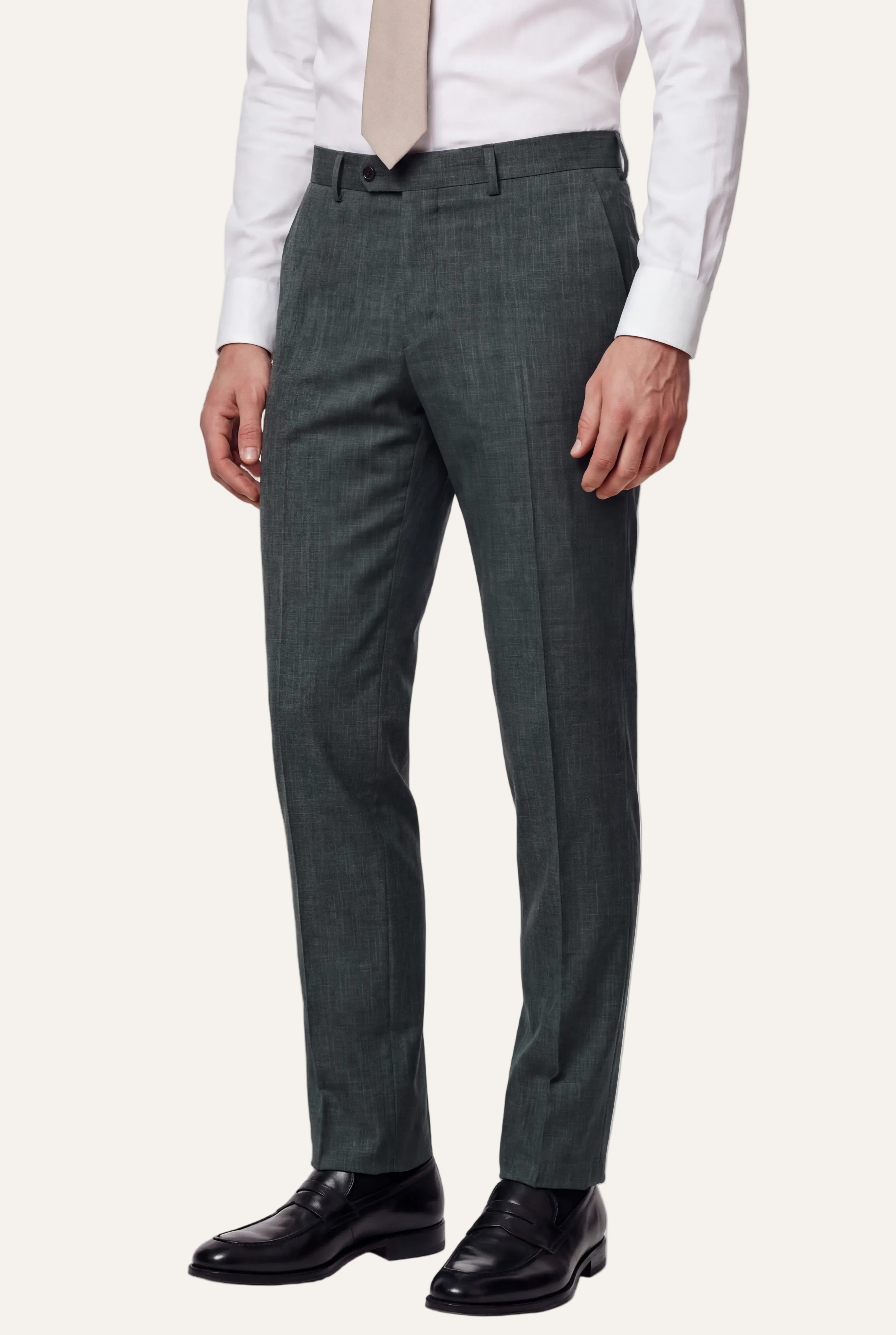 Zane Barläs Oxford Mid Green Suit, flat front tapered leg trousers front view