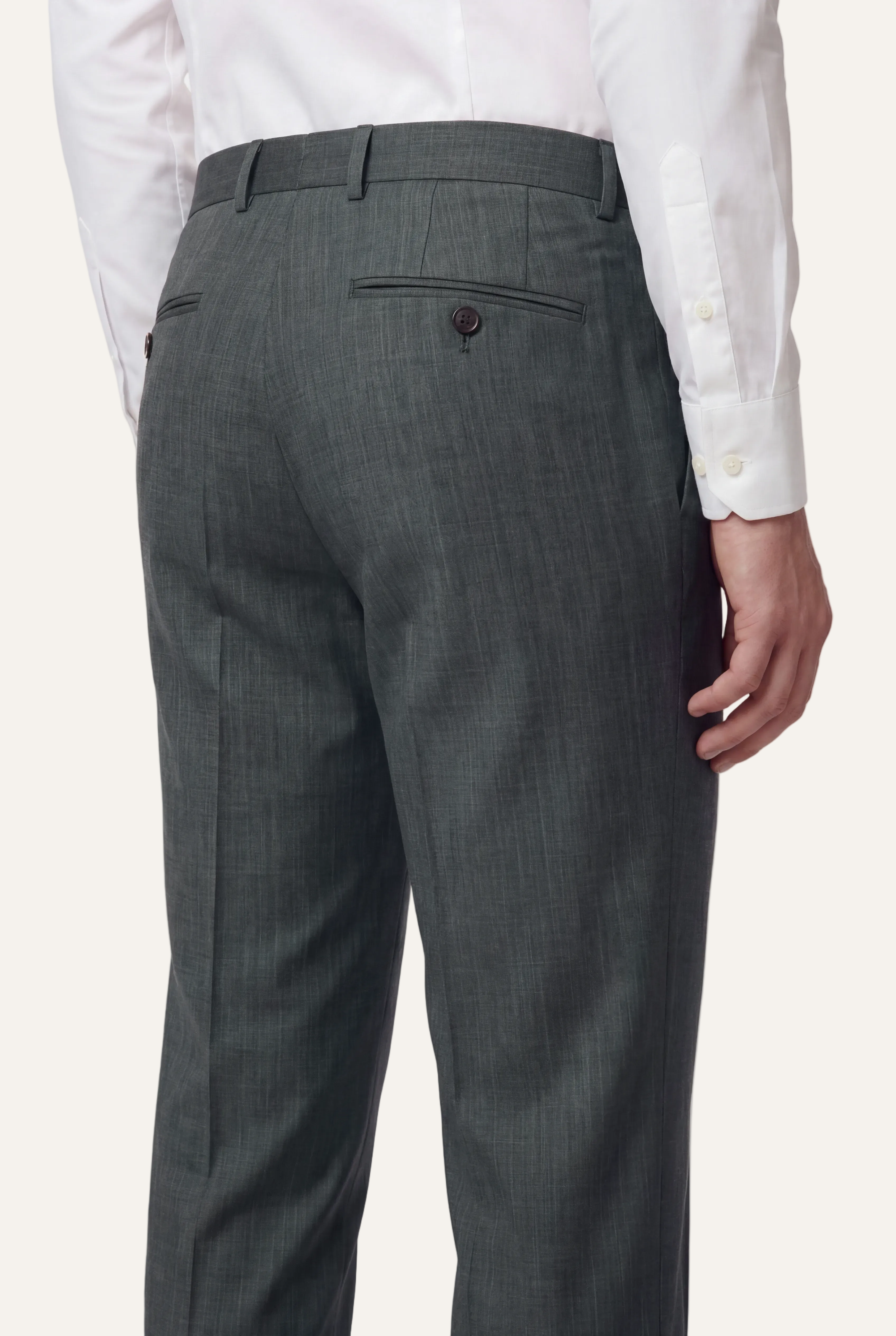 Zane Barläs Oxford Mid Green Suit, tapered leg trousers rear view