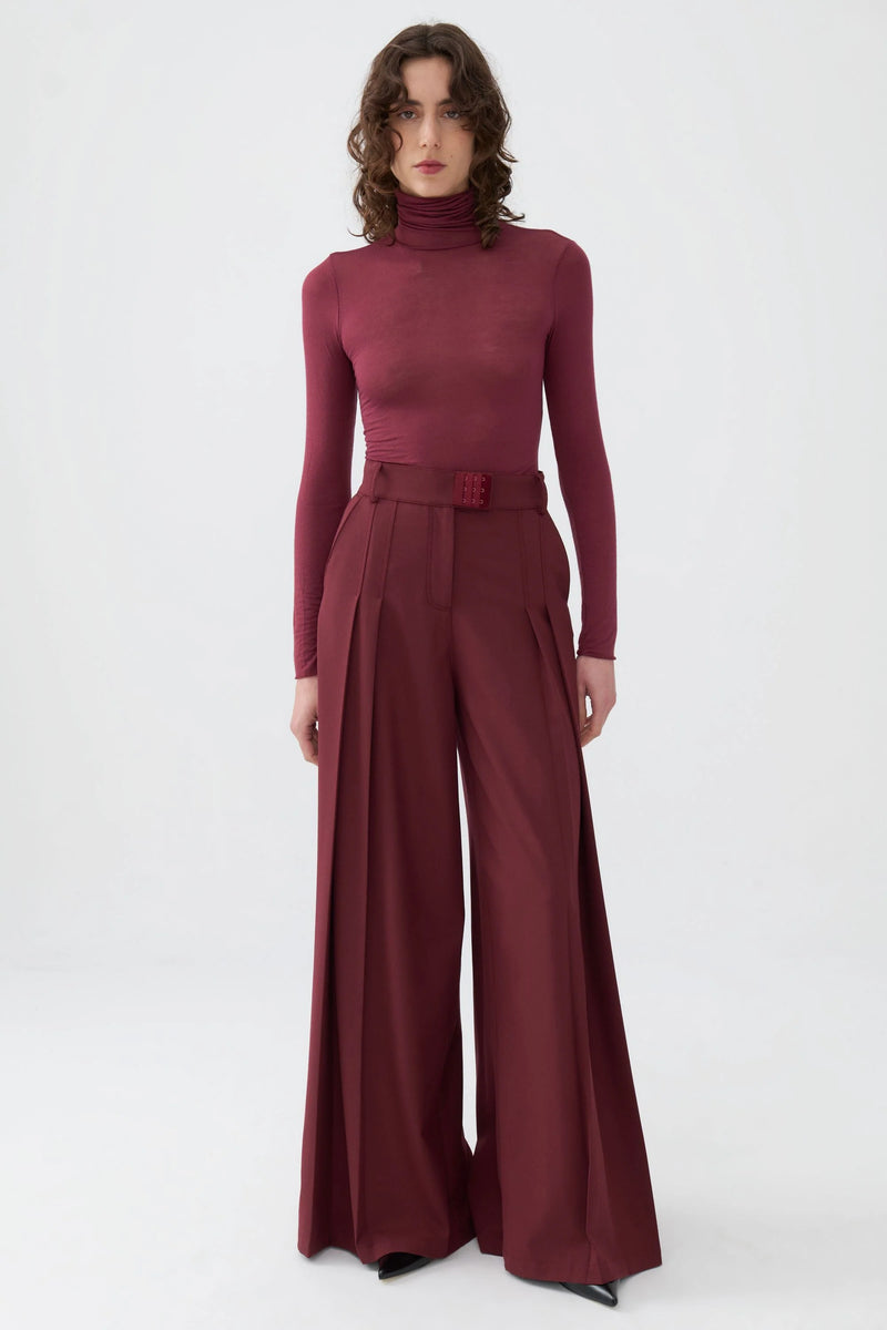 Burgundy Pleated High-Waisted Pants