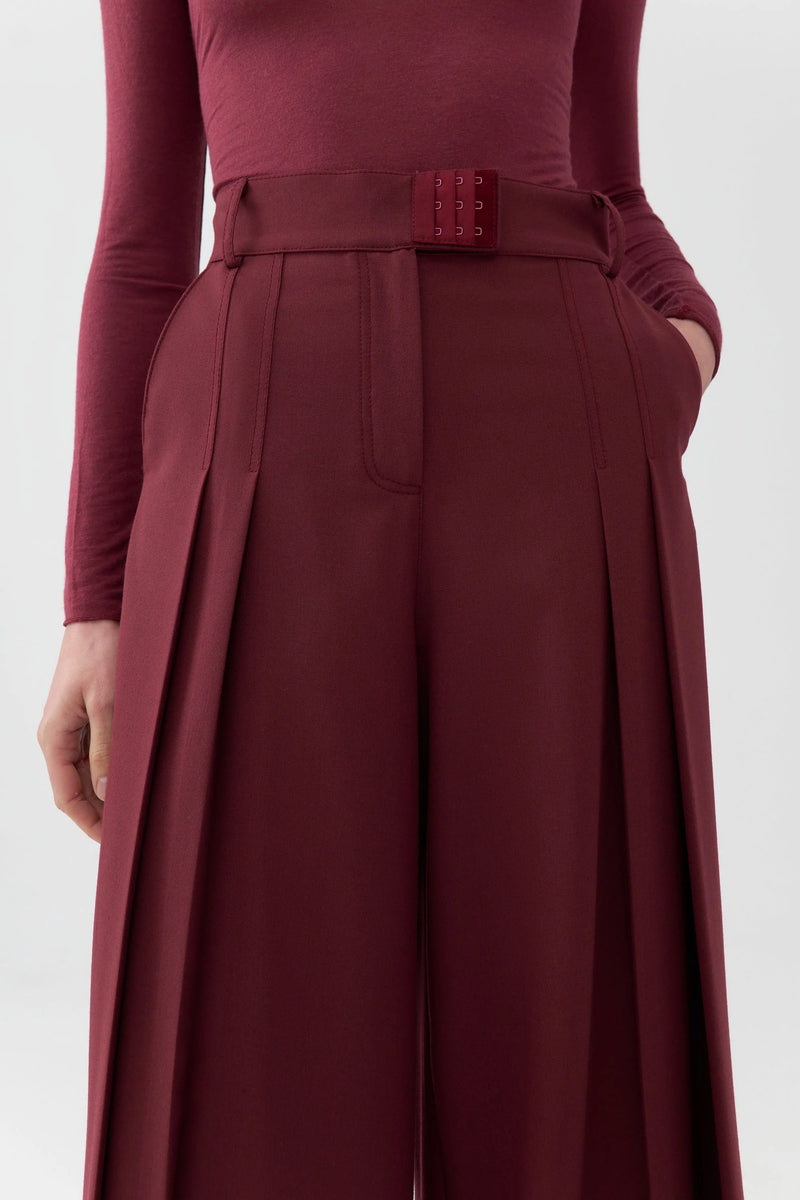 Burgundy Pleated High-Waisted Pants