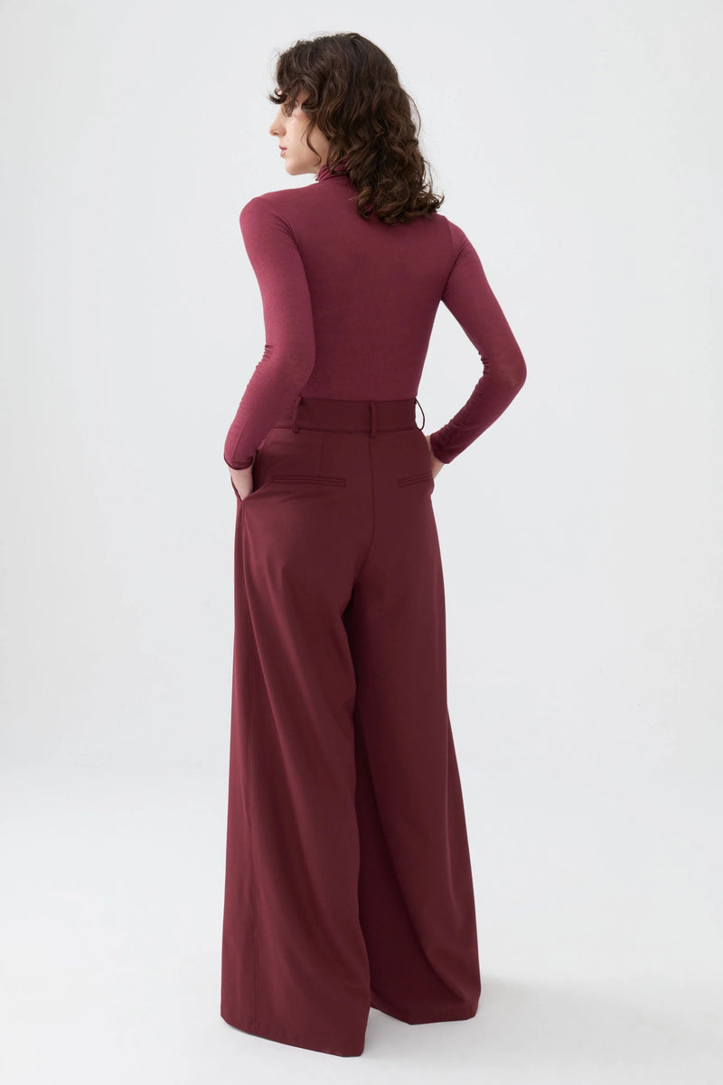 Burgundy Pleated High-Waisted Pants